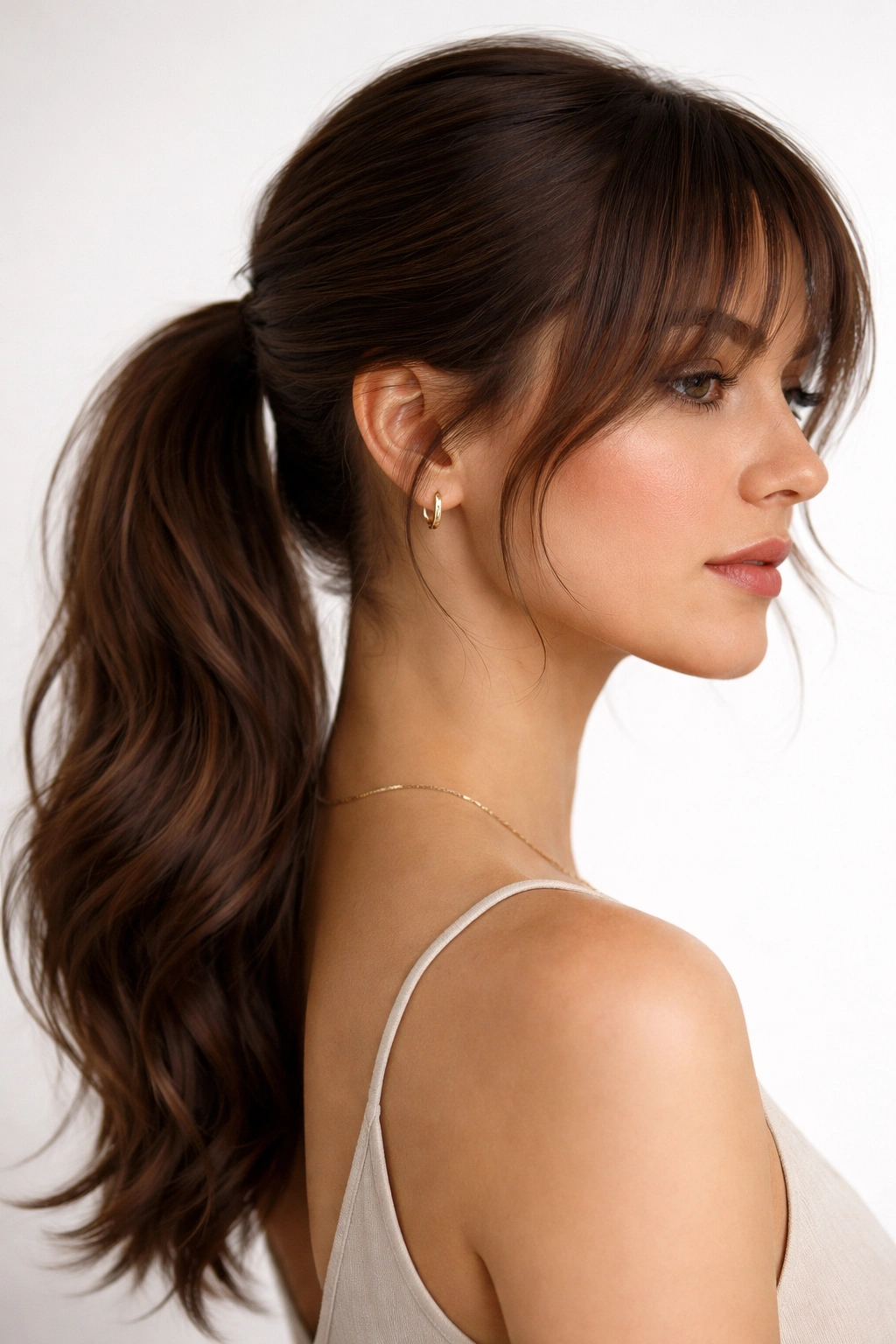 Sleek low ponytail with wispy fringe showing glossy texture