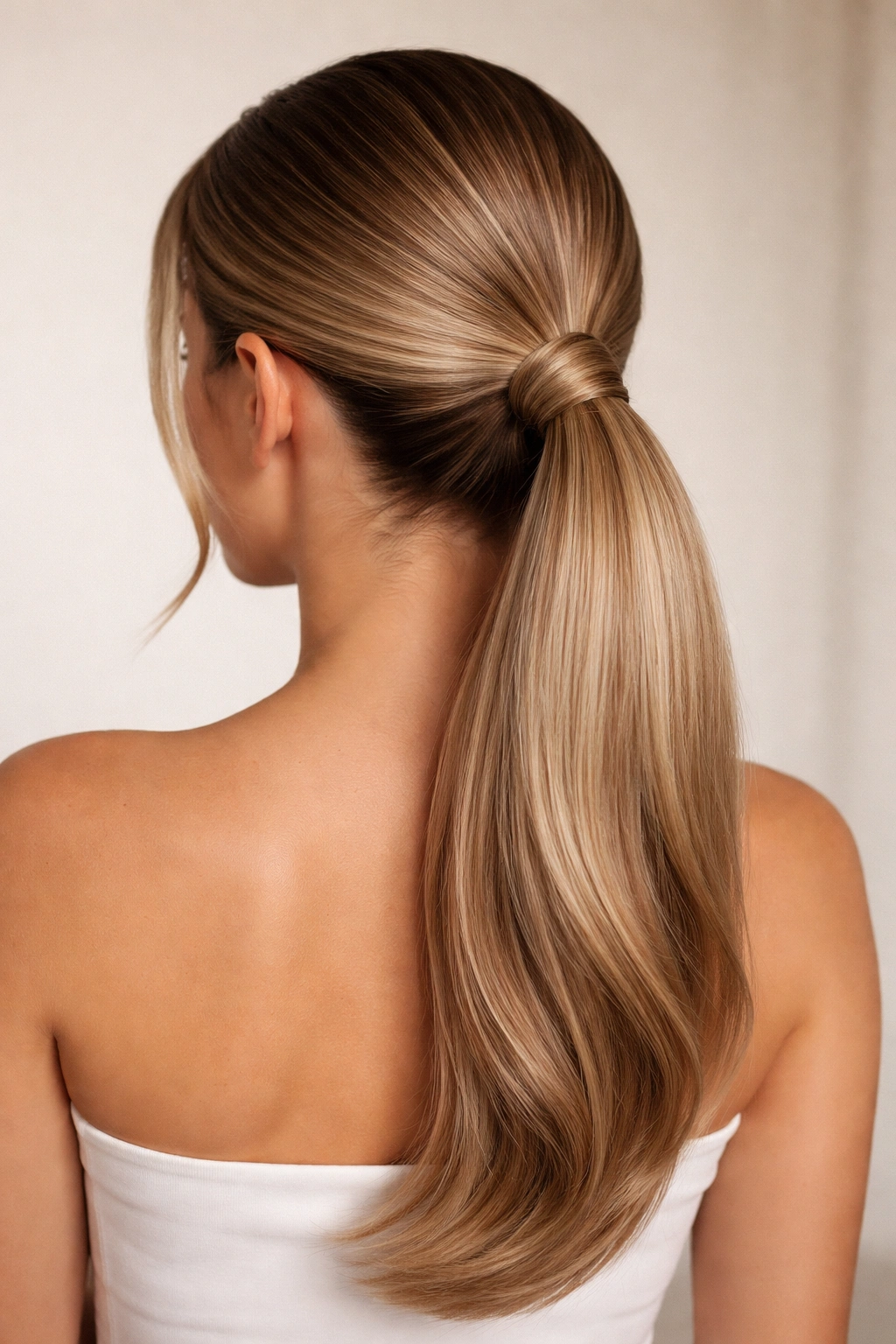 Close-up of Sleek Wrapped Low Ponytail with hidden wrap at the base