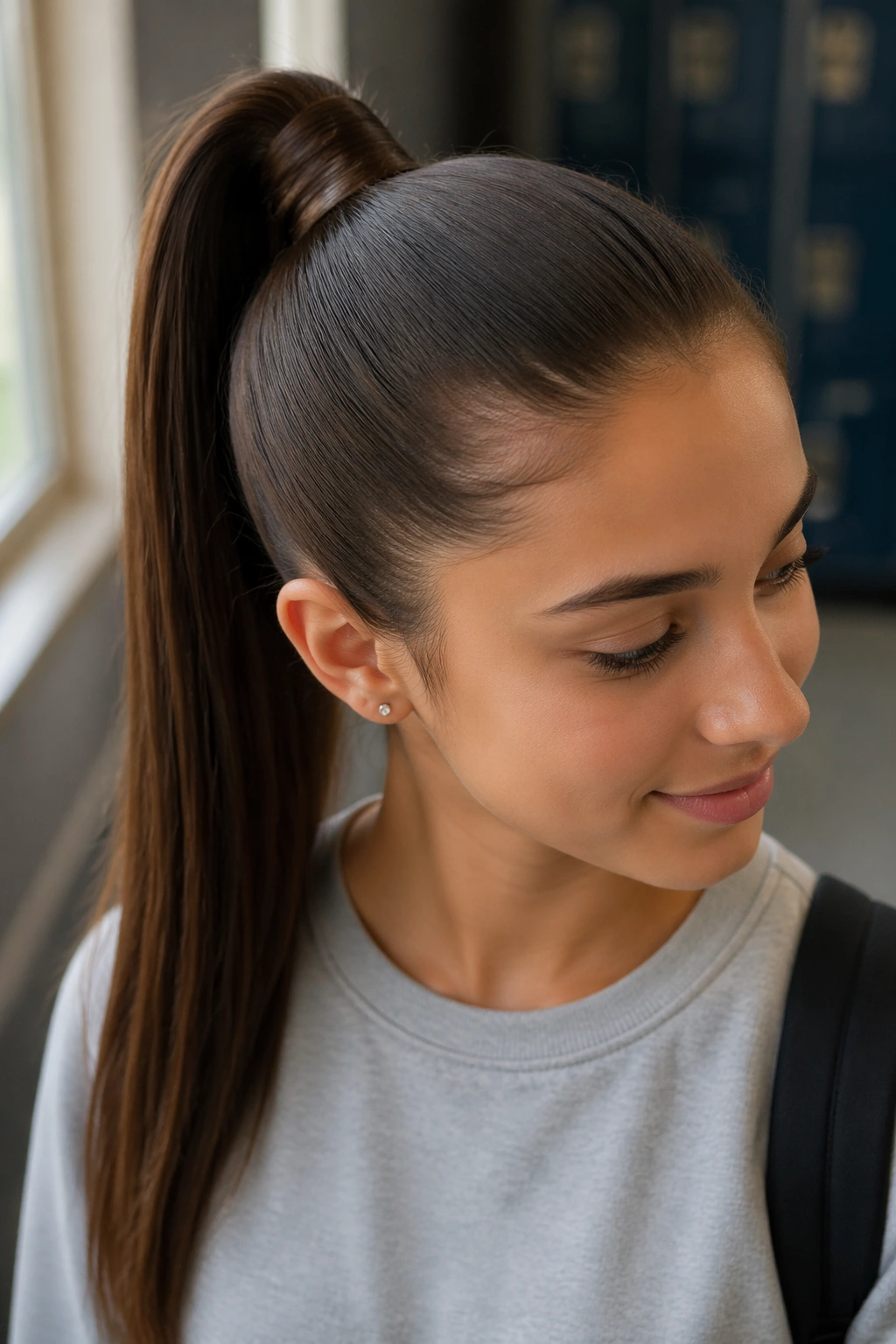 Close-up of Sleek Wrapped High Ponytail on a real student in a school hallway with wrapped elastic