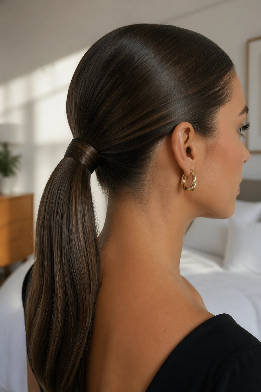 Close-up of a real model with a sleek low ponytail at the nape wrapped base
