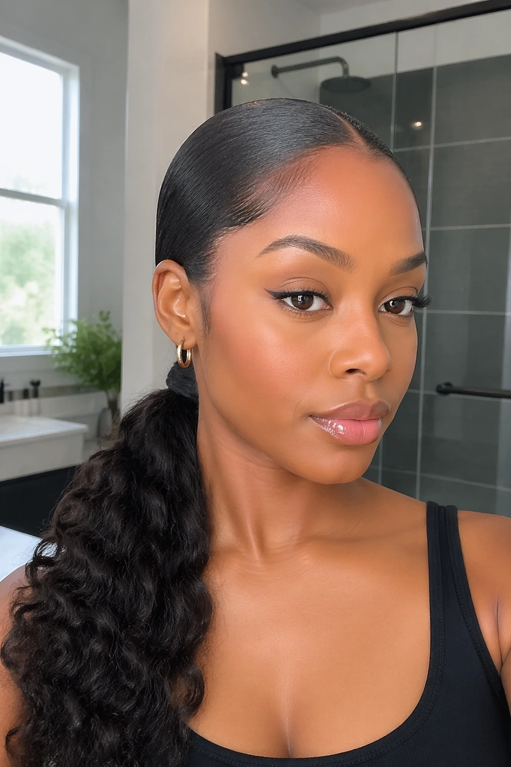 Close-up of a woman with a sleek low ponytail wrapped base on Afro-textured hair