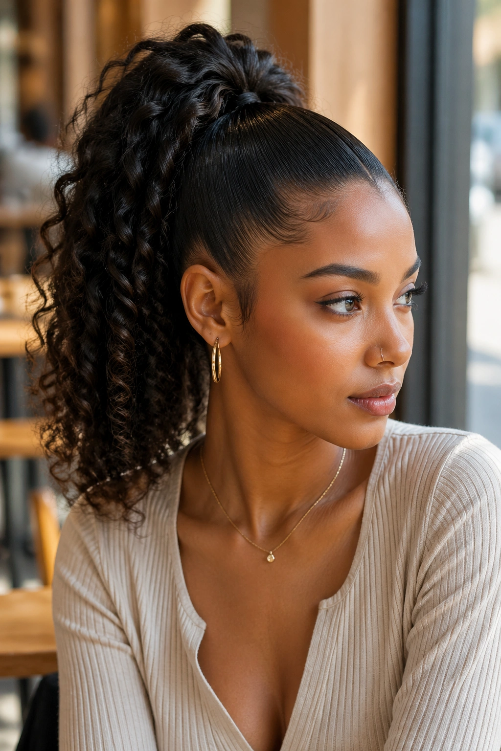 Close-up of a real woman with sleek-root curly ponytail in sunlit cafe light.