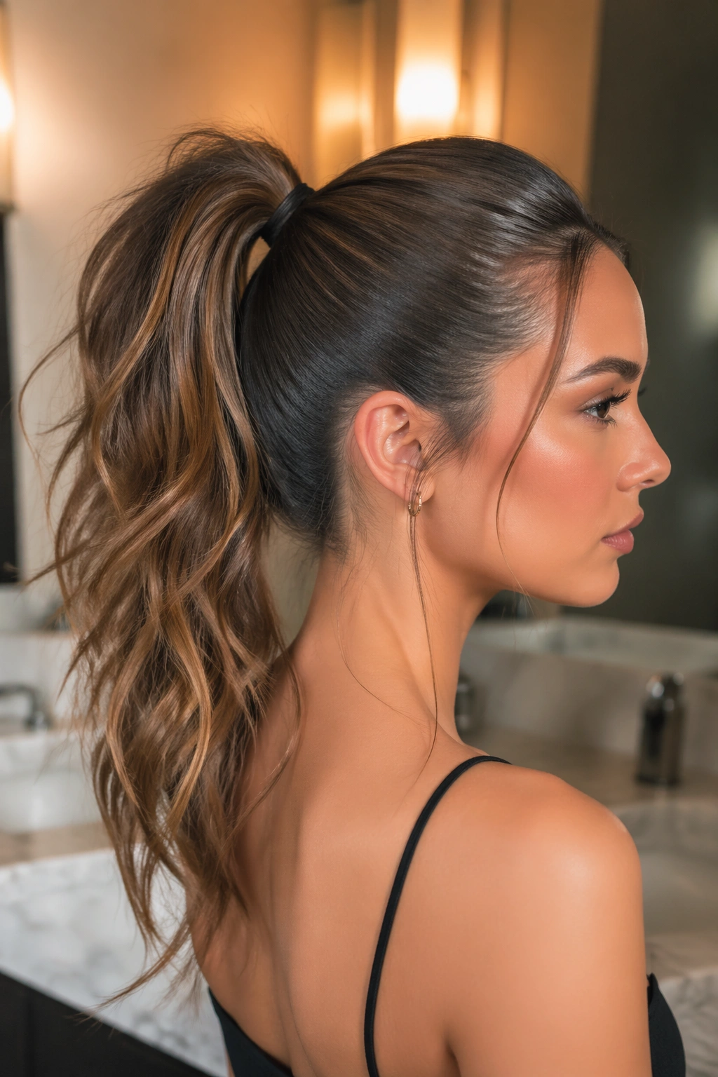 Real woman with a sleek-root high ponytail and soft tail in a modern bathroom