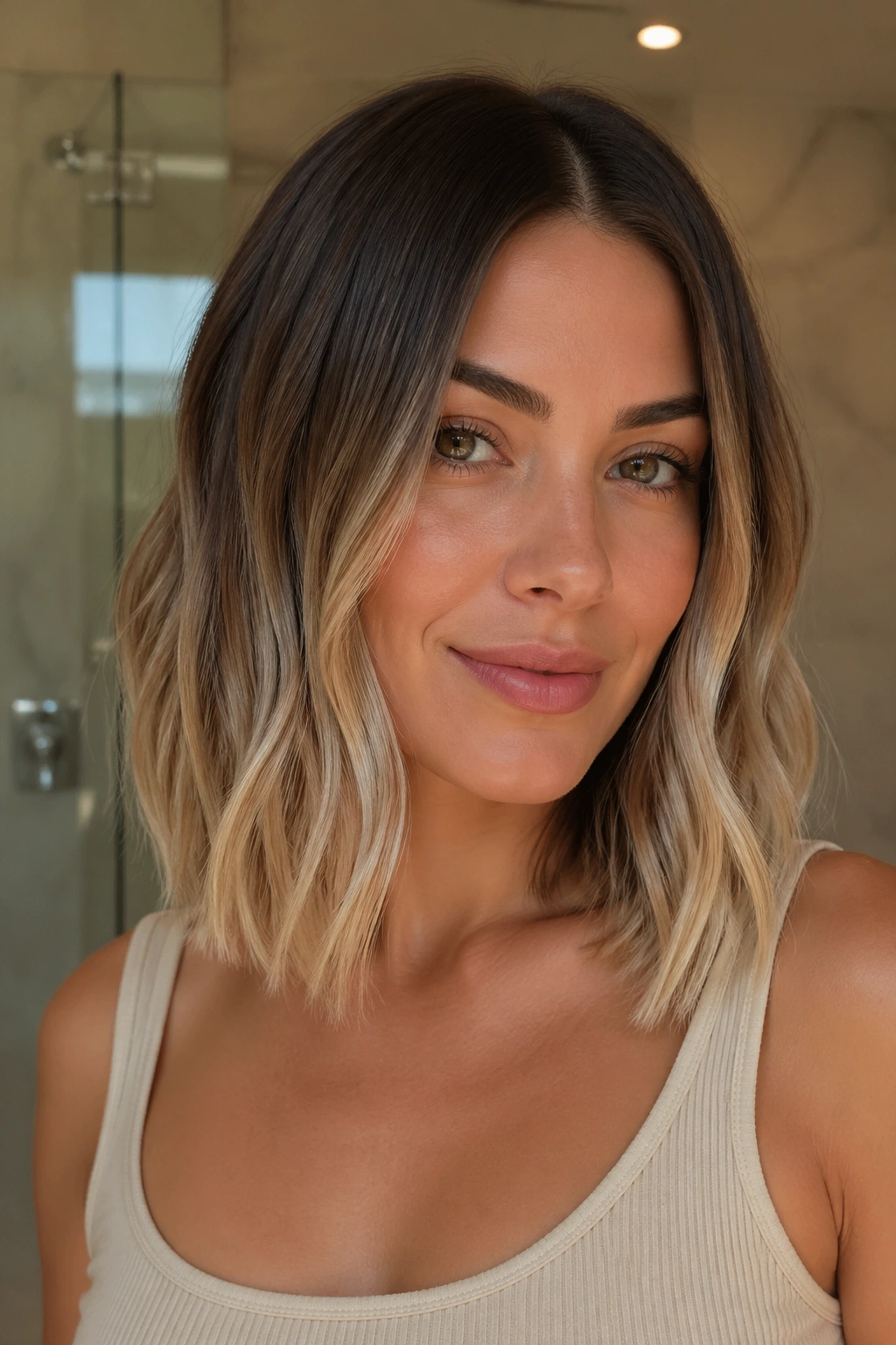 Close-up of sleek-root lob with wavy mid-lengths on a real person