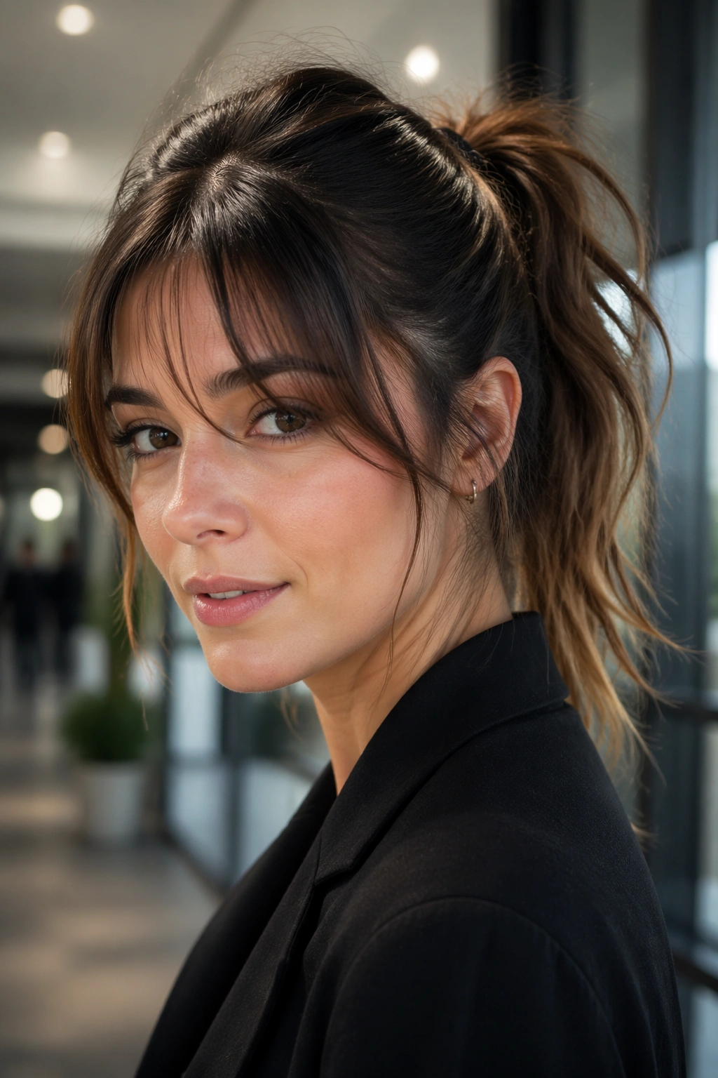 Close-up portrait of a real person with sleek root and piecey bangs in daylight.
