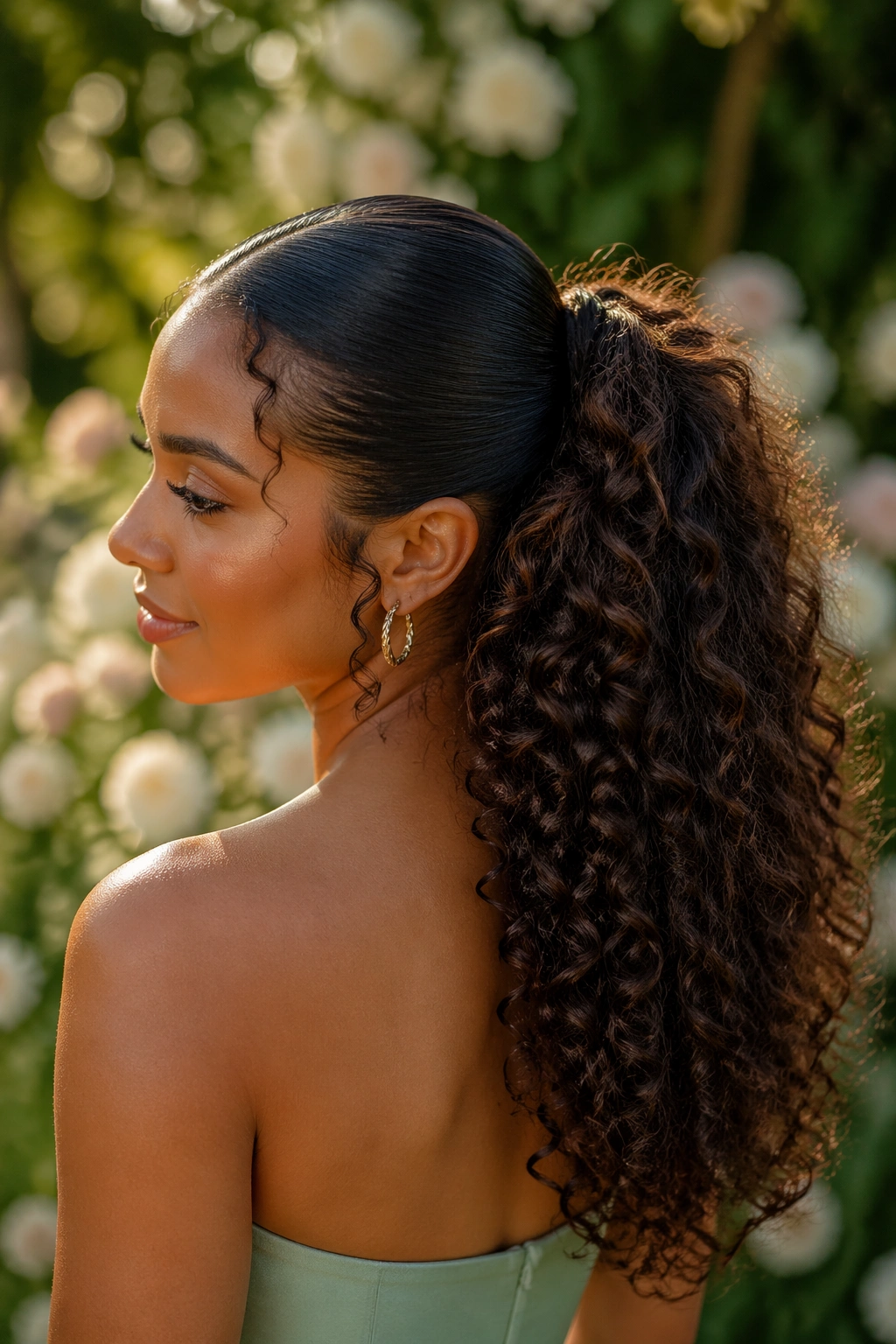 Close-up of real woman with sleek roots and big curly ponytail in garden wedding setting