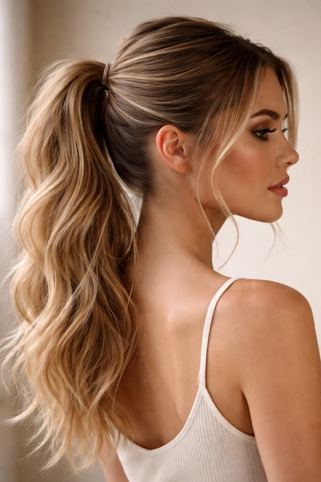 Ponytail with sleek roots and textured, messy length.