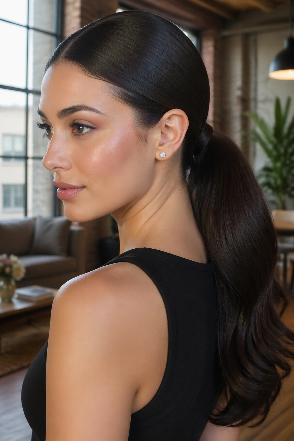 Close-up of a real woman with a sleek root low ponytail and padded tail