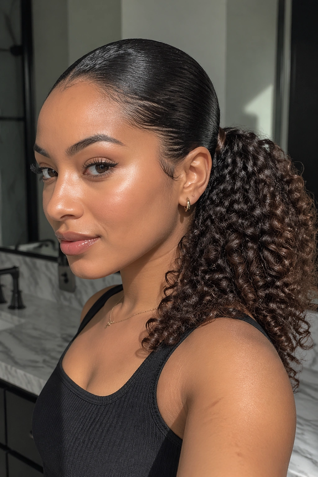Close-up of a real person with sleek roots and curly ends in a neat ponytail