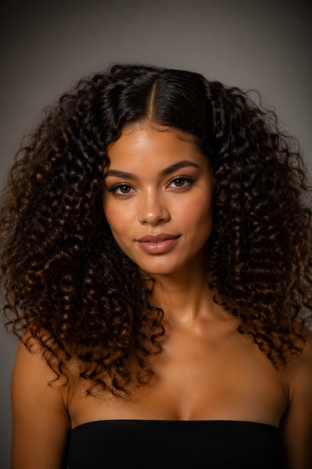 Sleek rooted crown with fluffy length curls.