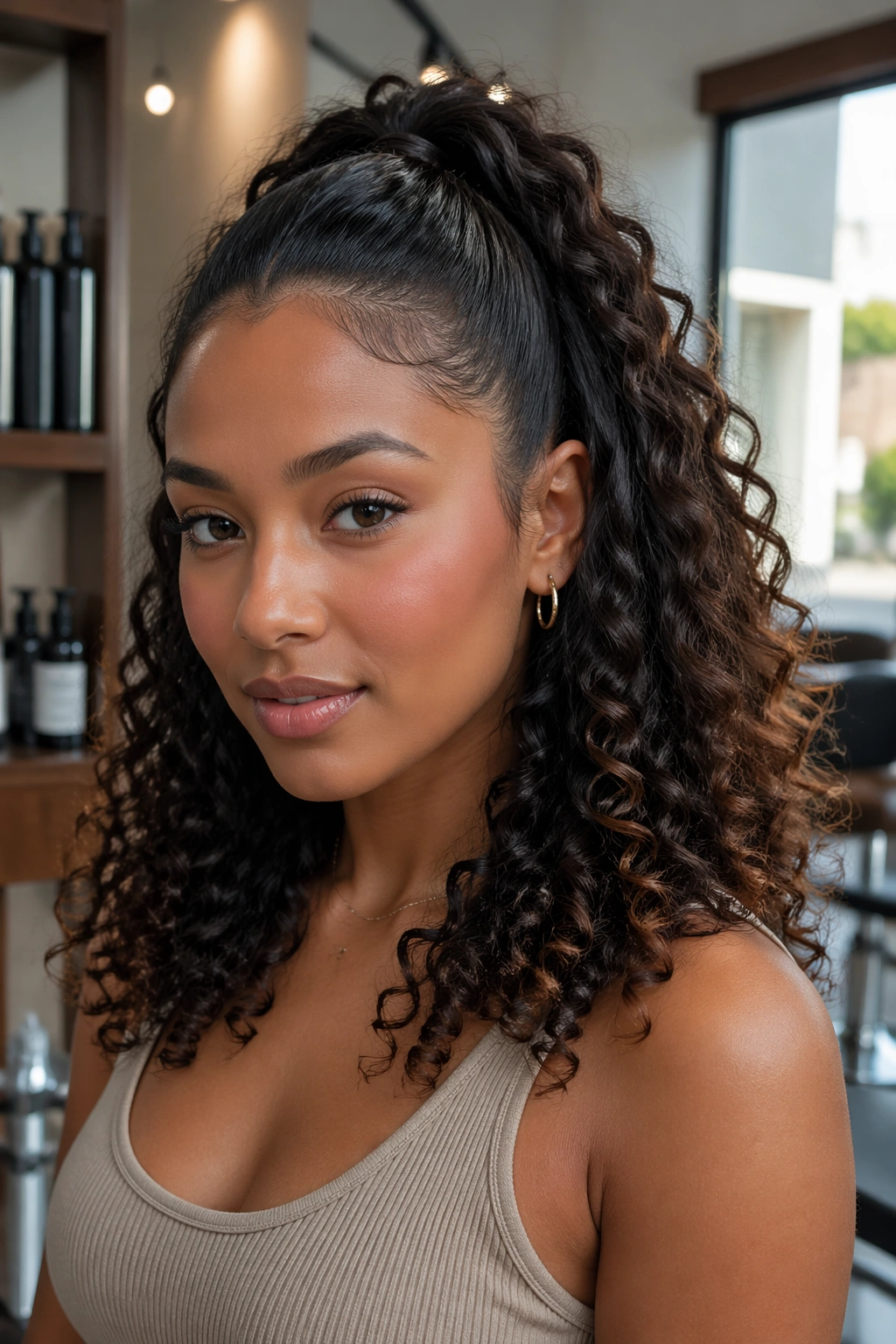 Close-up of a real woman with sleek roots half ponytail and curly ends in a softly lit salon
