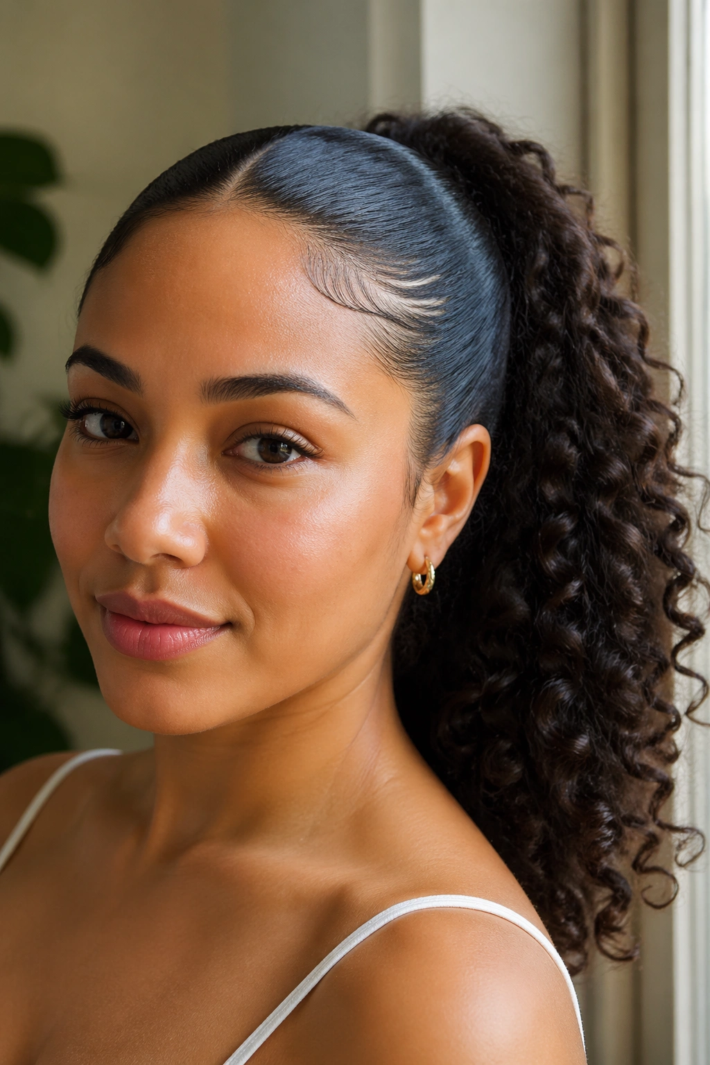 Close-up of a real woman with sleek roots and loose ends ponytail in natural light