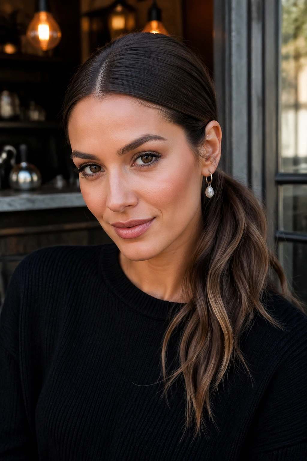 Portrait of a woman with sleek roots and loose-ended side ponytail