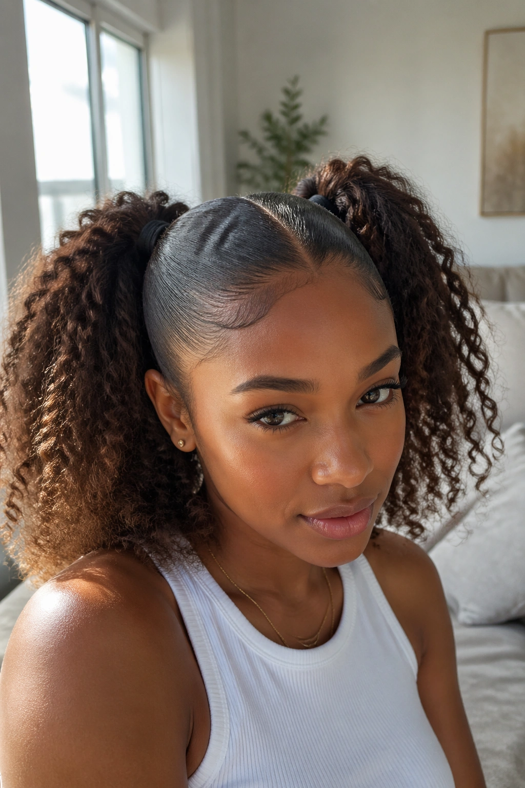 Close-up of sleek-rooted, puffy-ended double ponytails on a real person