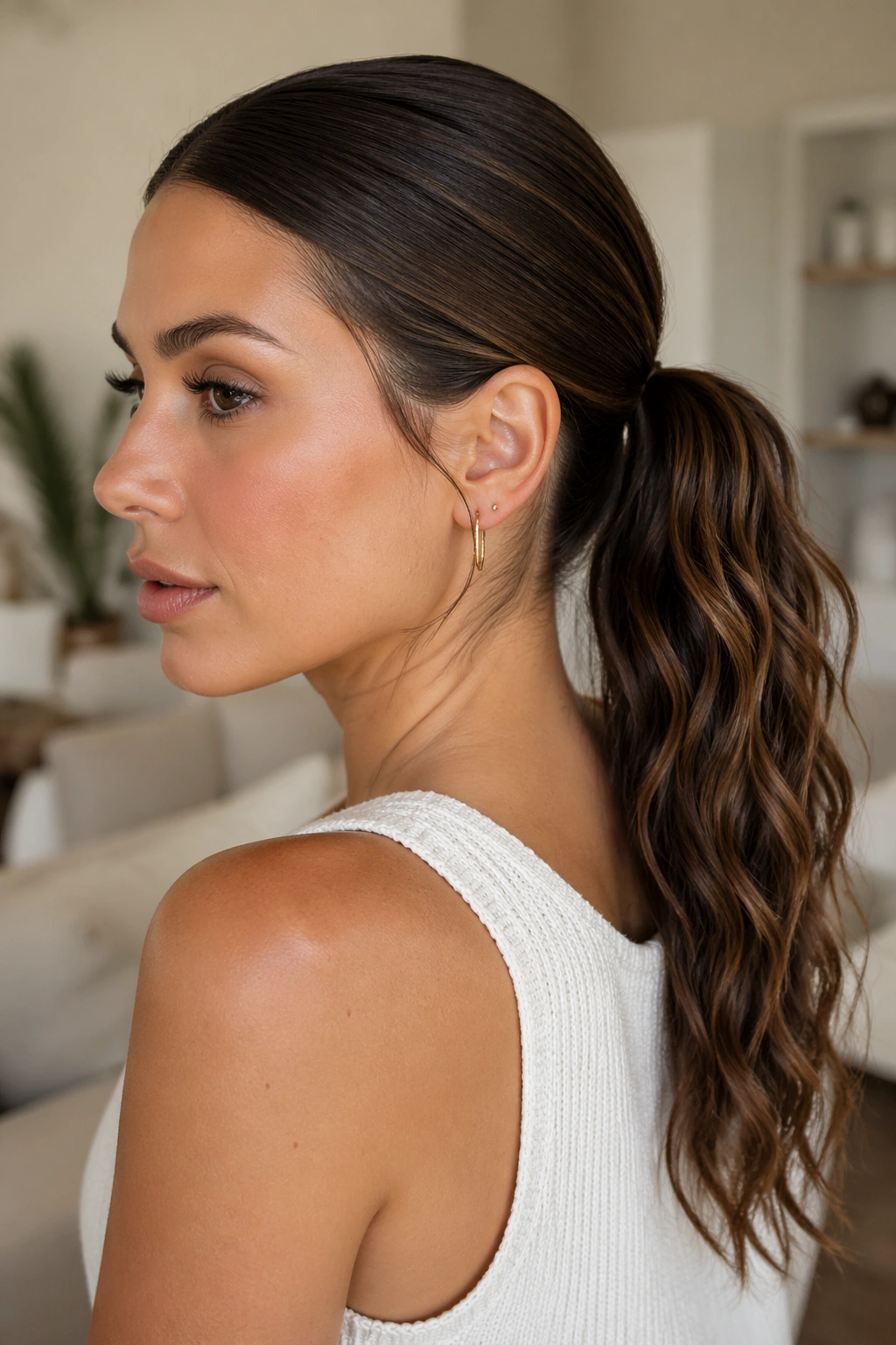 Close-up of a real woman with sleek root area and textured ends in a ponytail