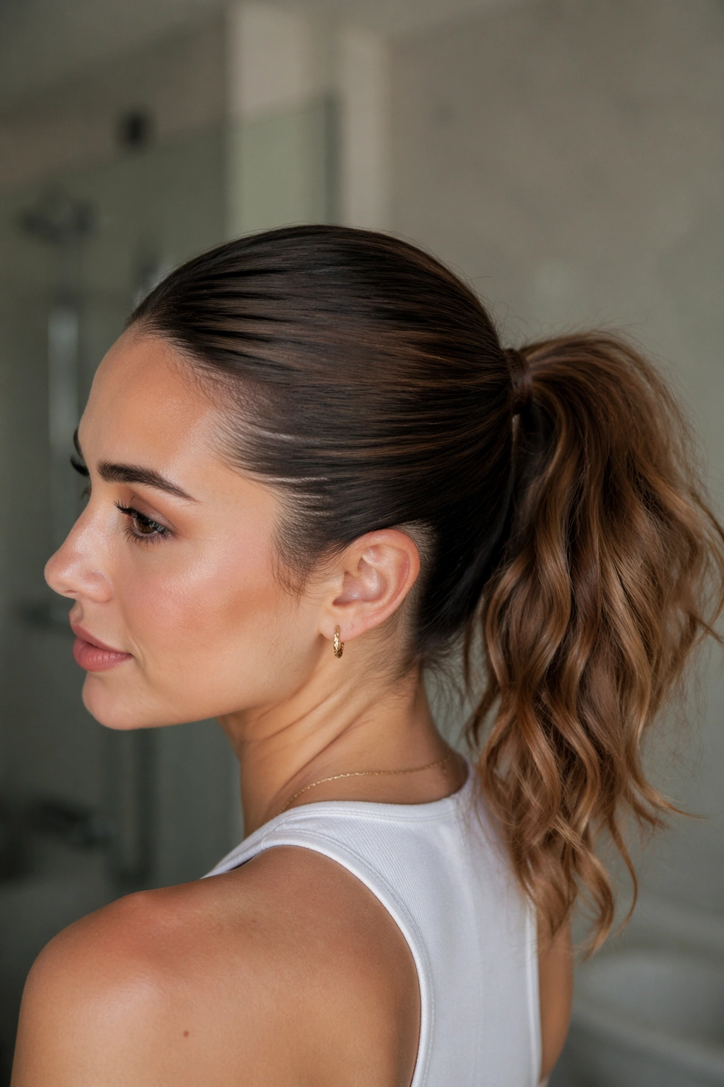 Portrait of a real person with sleek roots and textured ends ponytail in soft lighting