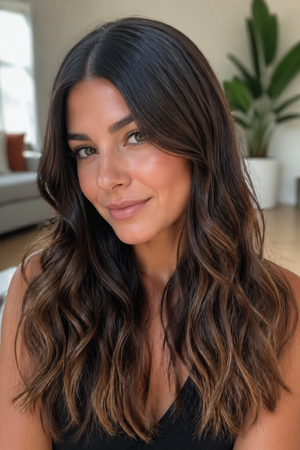 Close-up of a real woman with sleek roots and wavy ends hairstyle.