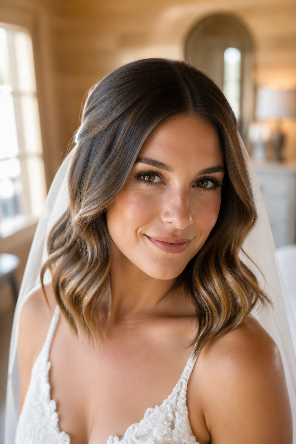 Close-up of a real bride with sleek roots and loose waves on shoulder-length hair