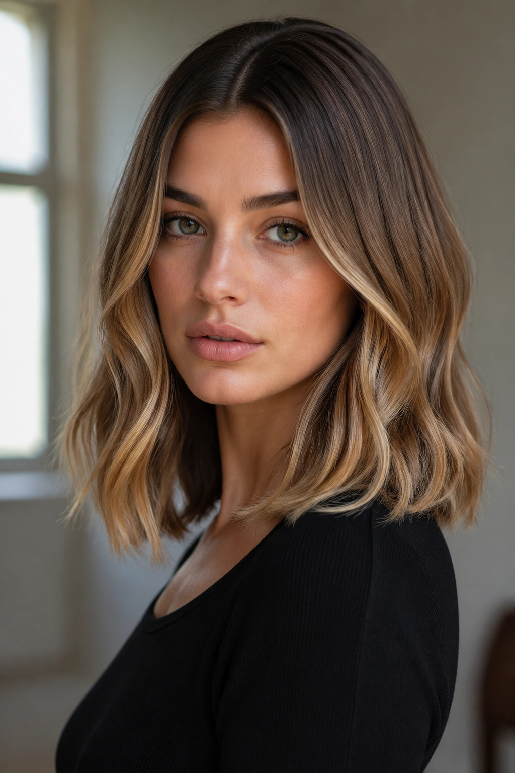 Portrait of a real woman with sleek roots and wavy mid-length ends