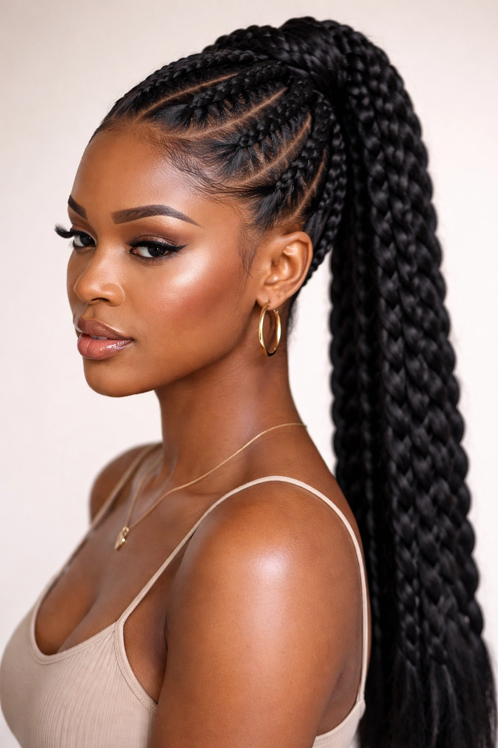 Braided mohawk with sleek scalp base featuring flat roots and clean parts