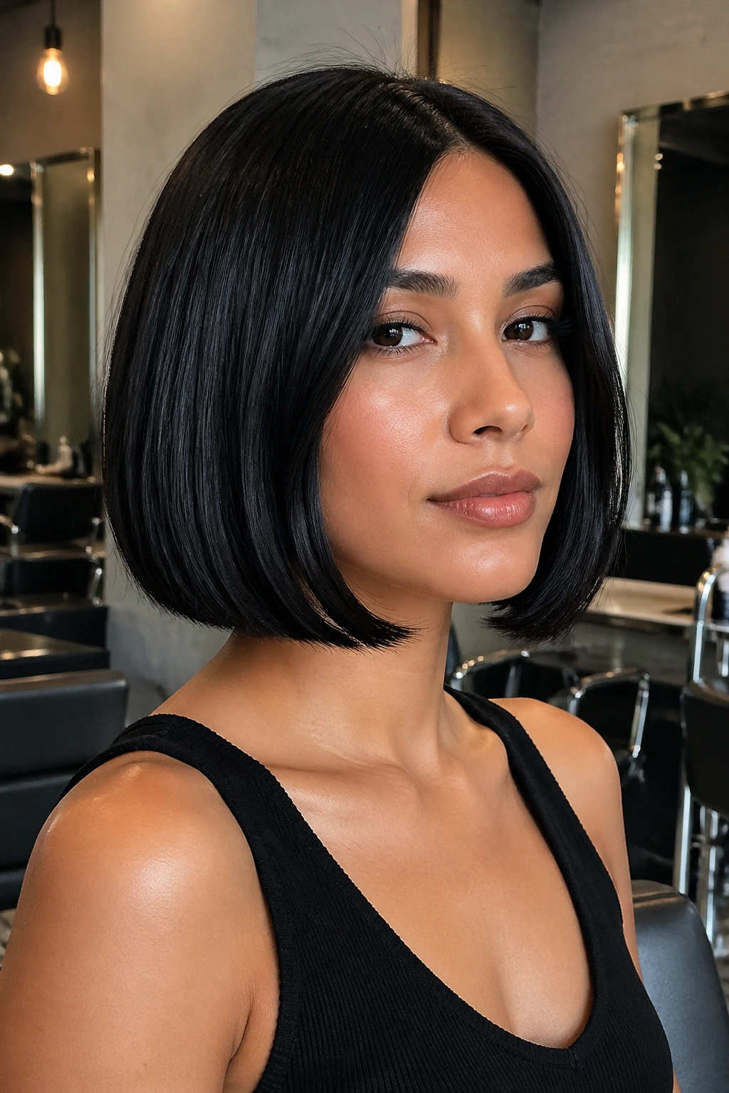 Portrait of a real woman with a sleek, high-shine blunt bob on dark hair.