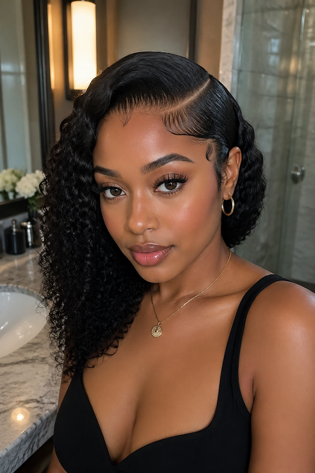 Close-up of a real woman with a sleek side-part and laid edges for a polished formal look.