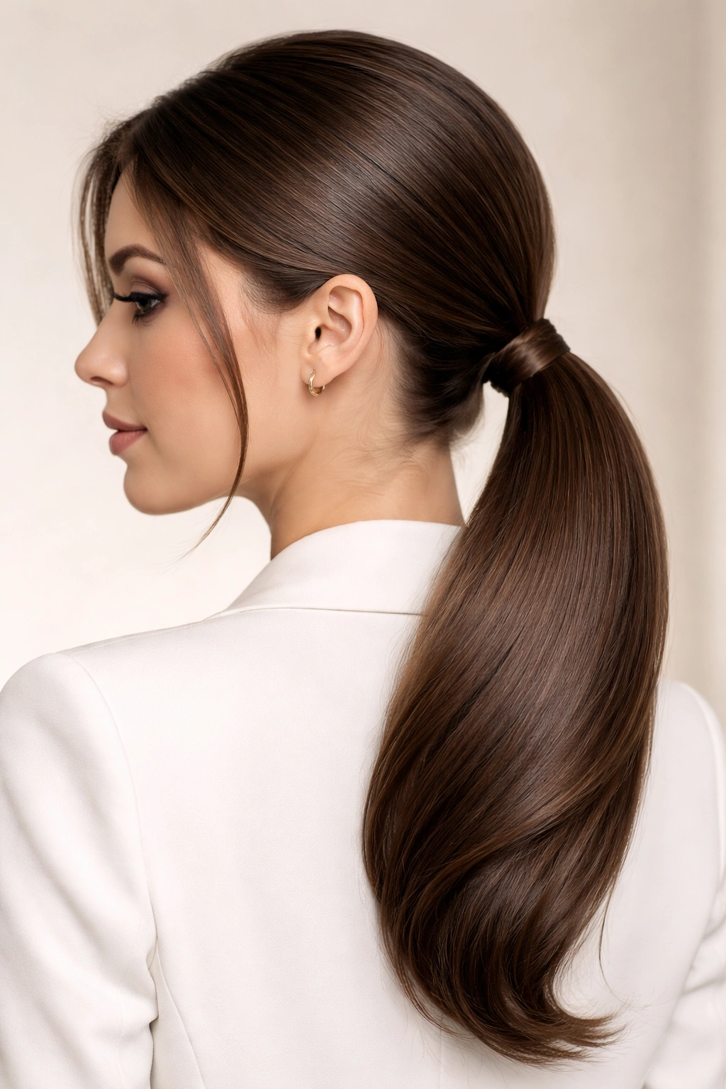 Close-up of sleek low side ponytail with glossy finish at the nape