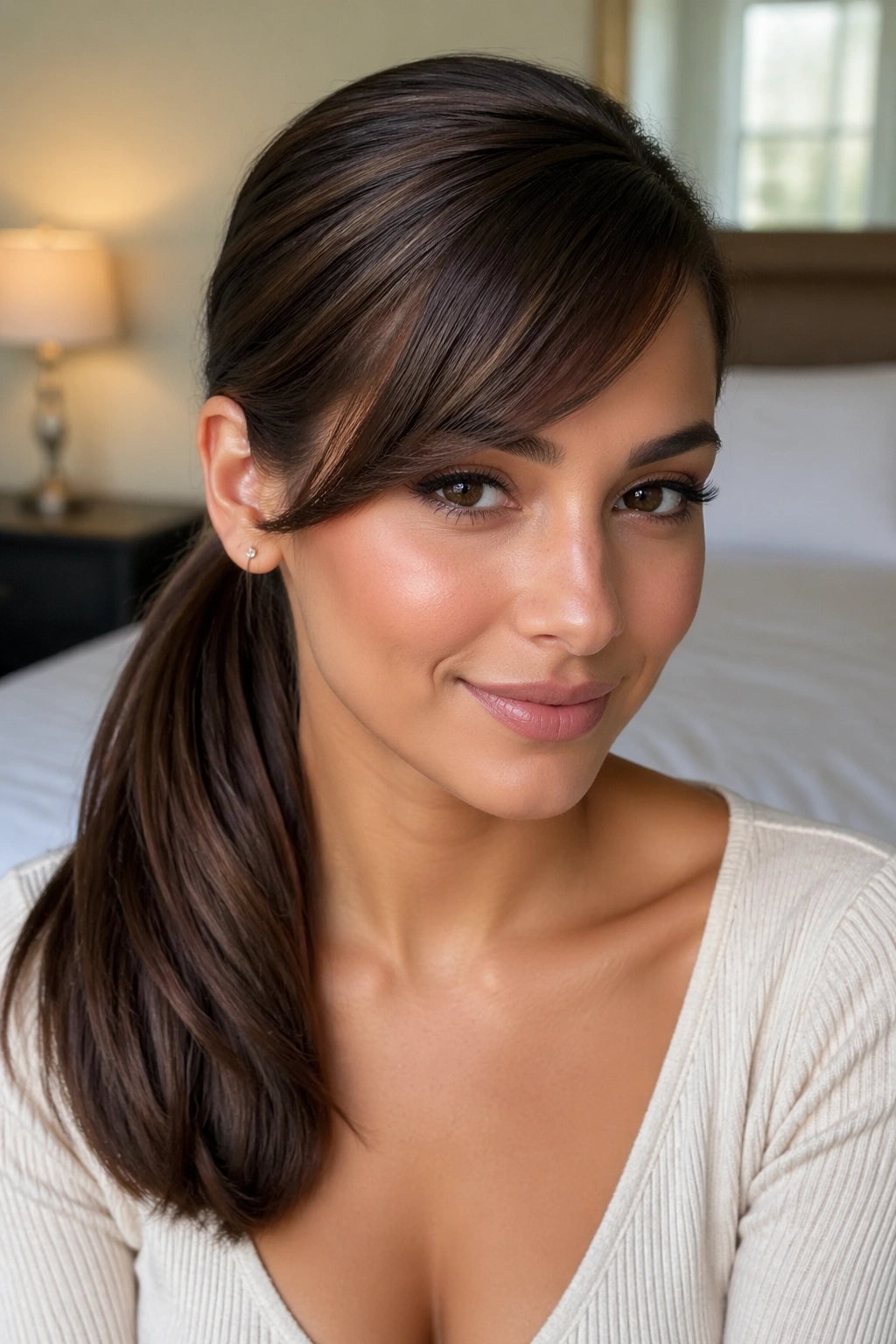 Close-up of a real woman with a sleek low side ponytail and side-swept bangs in natural window light