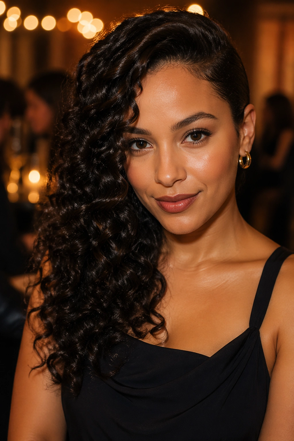Close-up of a real woman with sleek side swept curls