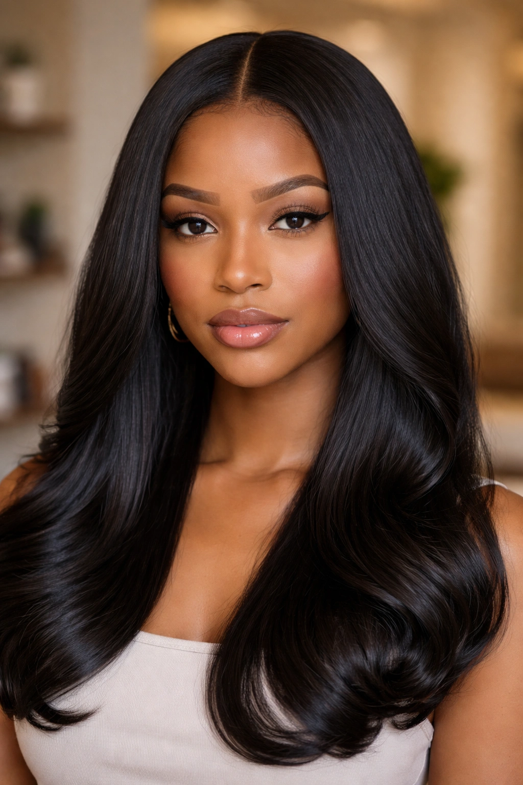 Close-up of a real woman with sleek silk press and curled ends