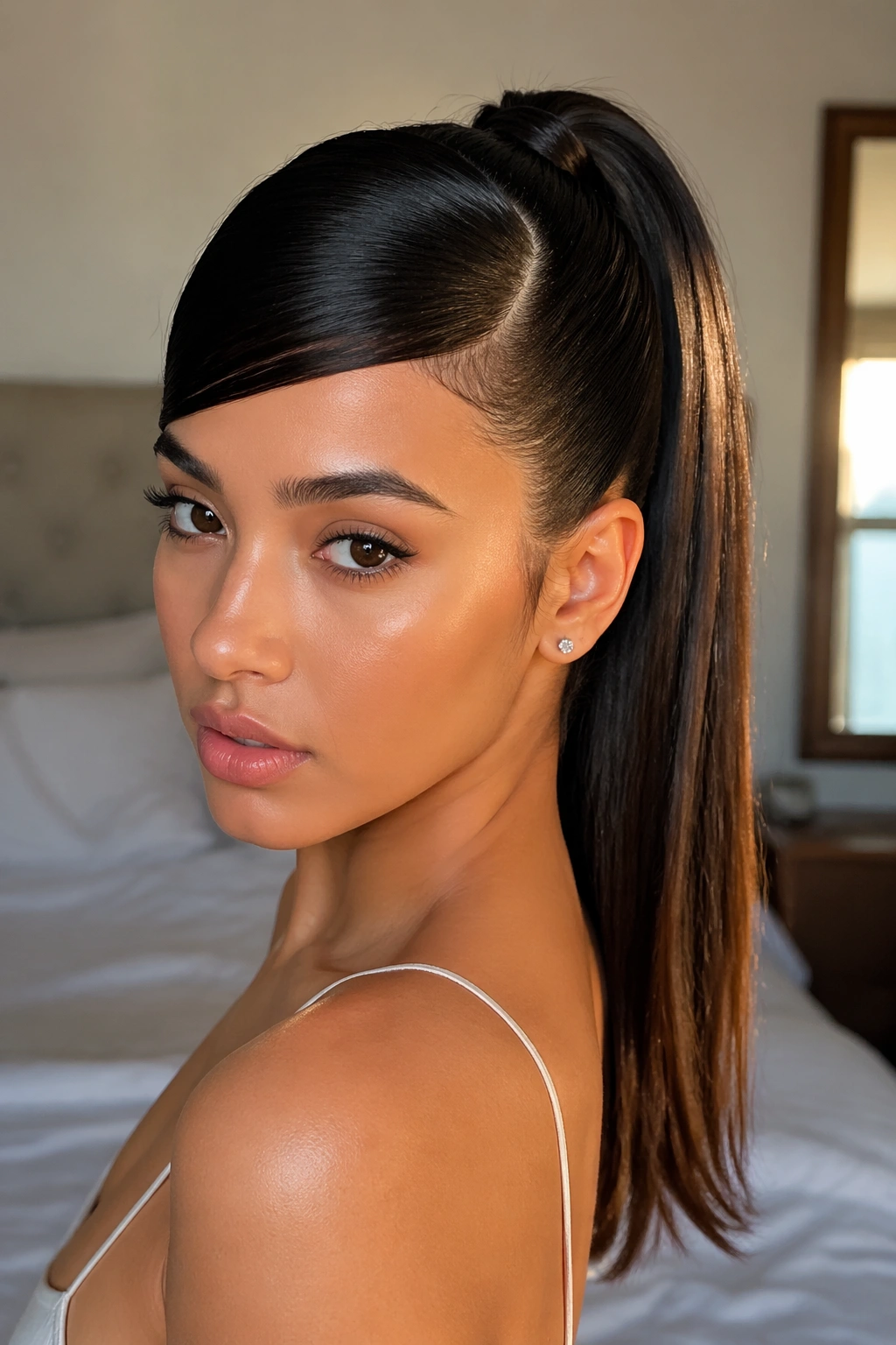Close-up of a real woman with a sleek swoop ponytail for long hair in soft window light