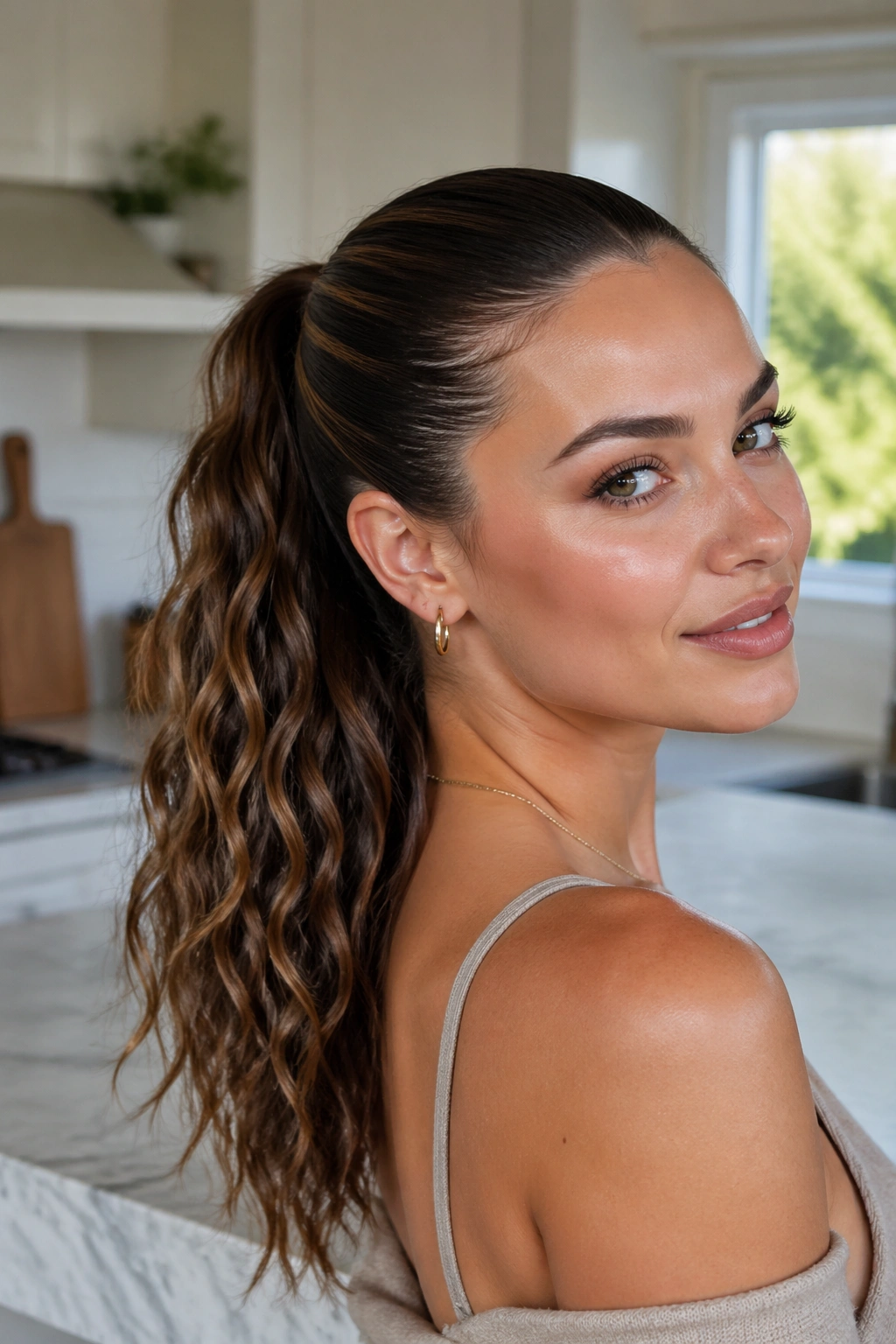 Close-up of a woman showing sleek roots transitioning to wavy ponytail