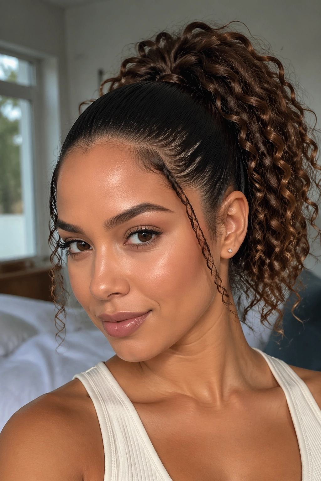 Close-up of real person with sleek crown and curly ponytail under soft natural light