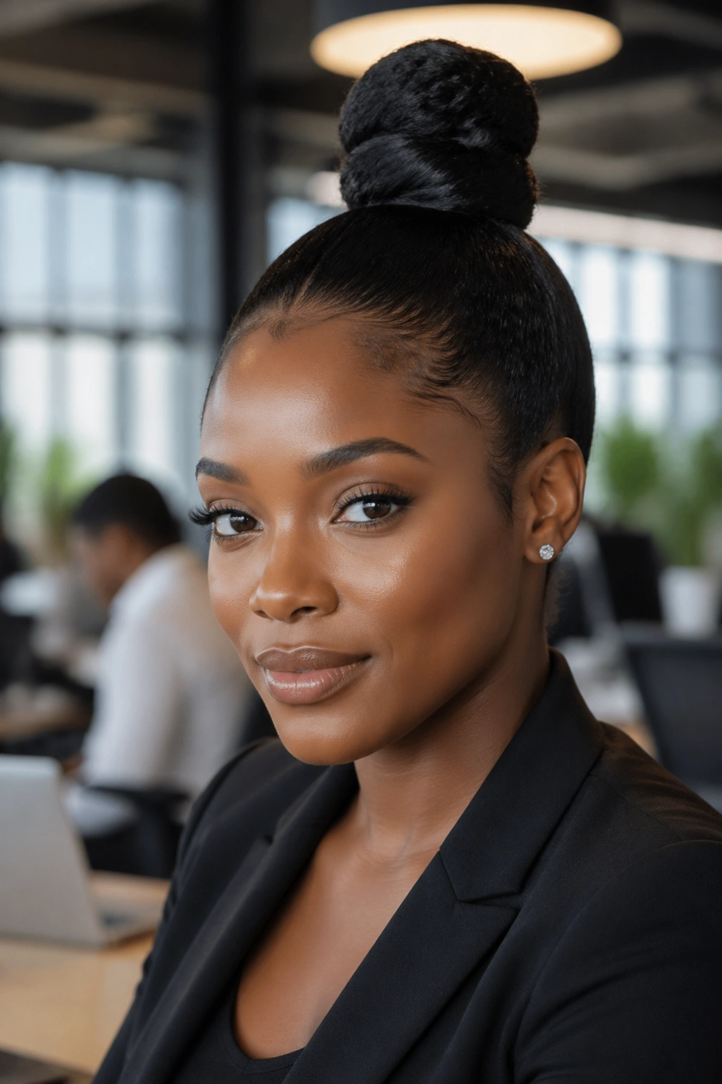 Front three-quarter view of a real woman with a sleek top knot and neat edges.