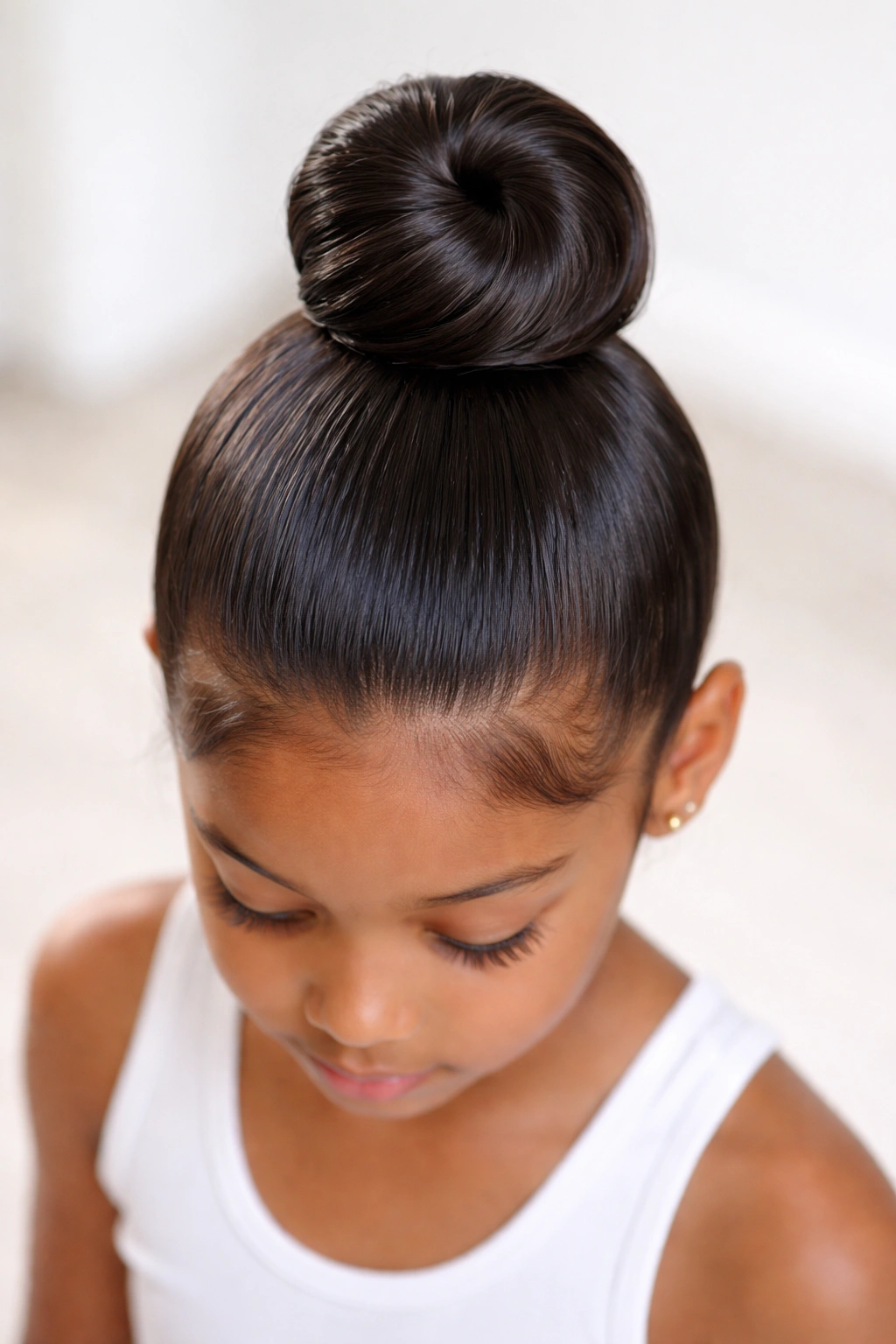 High ponytail twisted into a sculpted bun atop the head