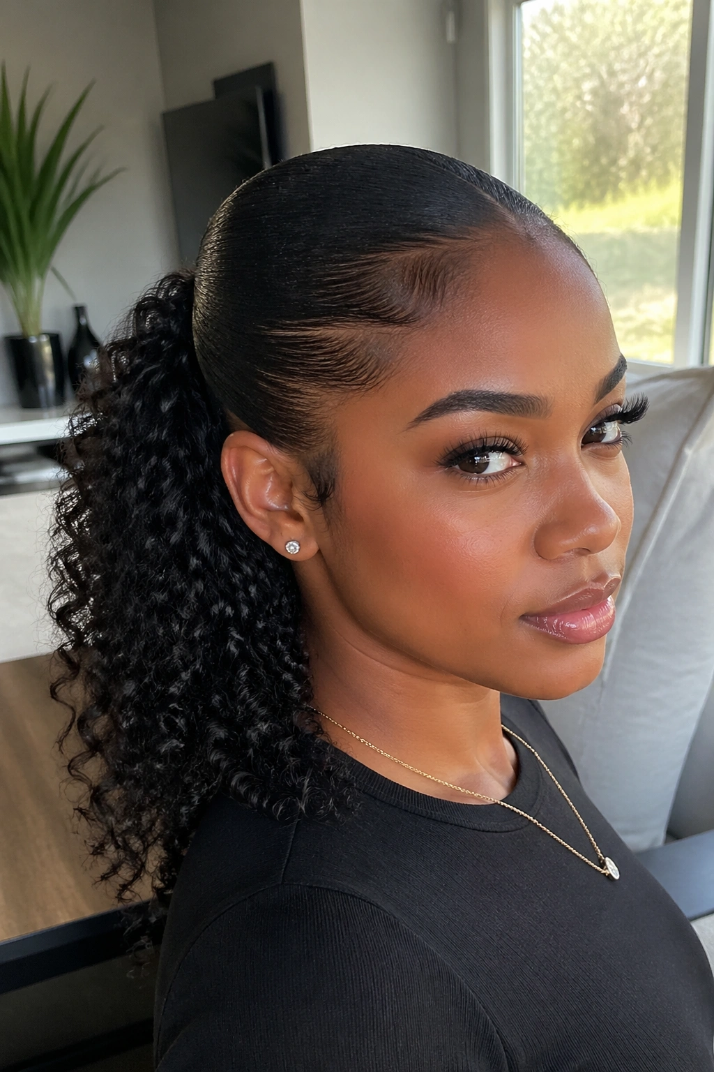 Close-up of a real woman with a sleek top and curly ponytail
