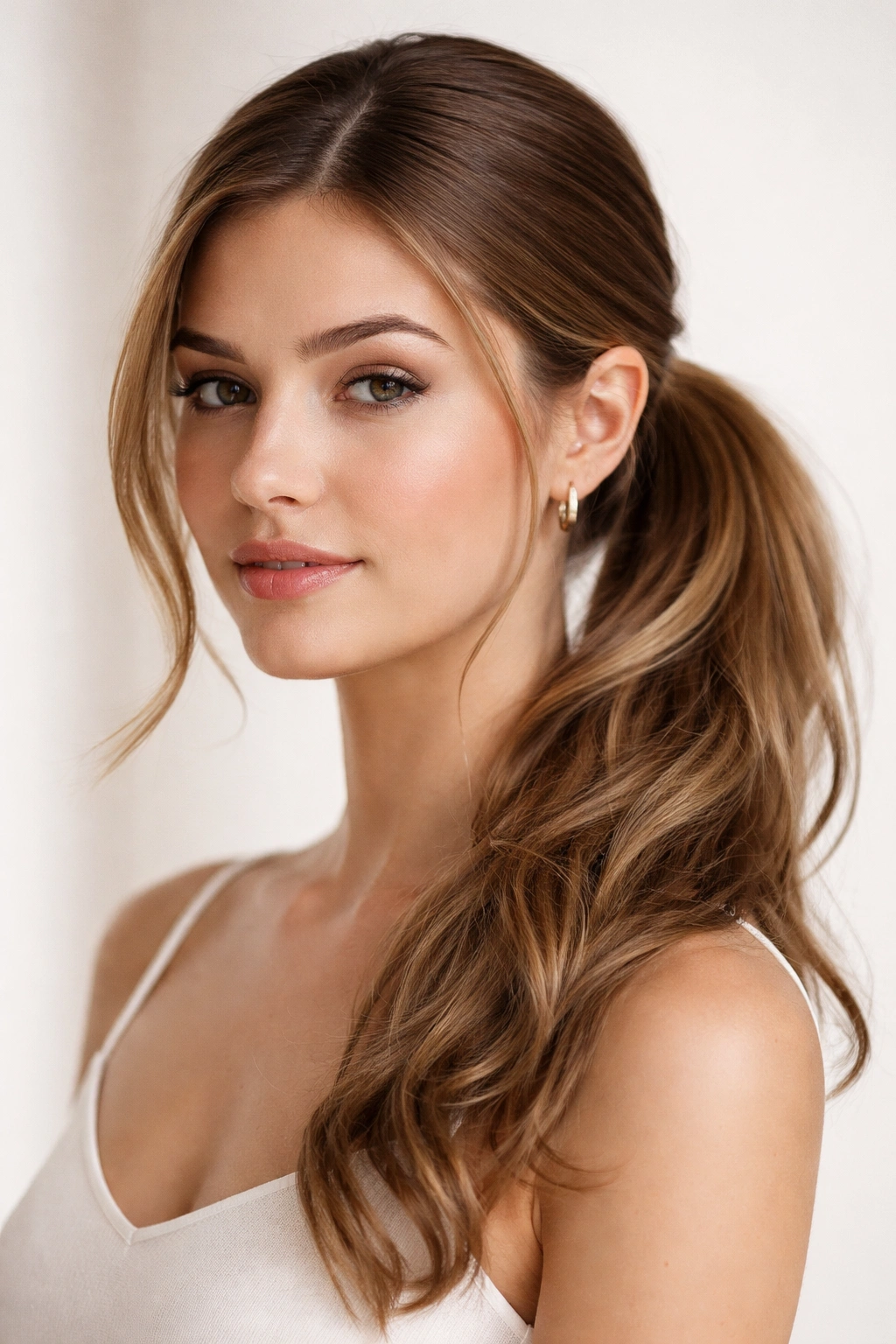 Close-up of a sleek top with a loose tail side ponytail