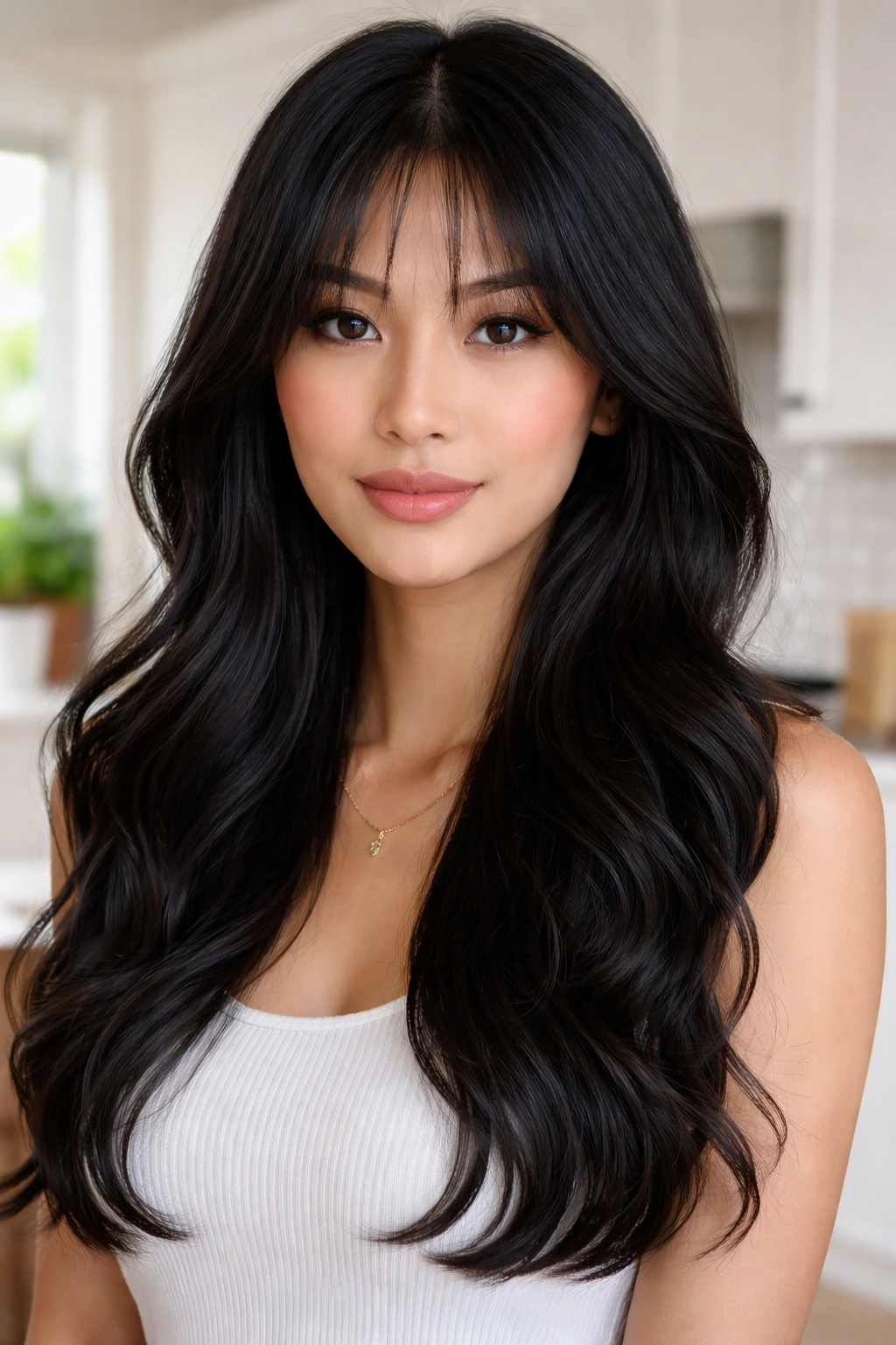 Portrait of a woman with a sleek top and wavy bottom hair and airy curtain bangs