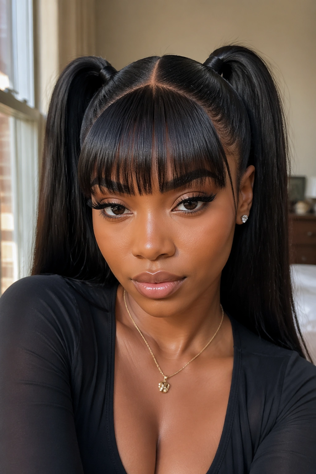 Close-up portrait of a real woman with sleek high twin ponytails and blunt bangs in natural window light