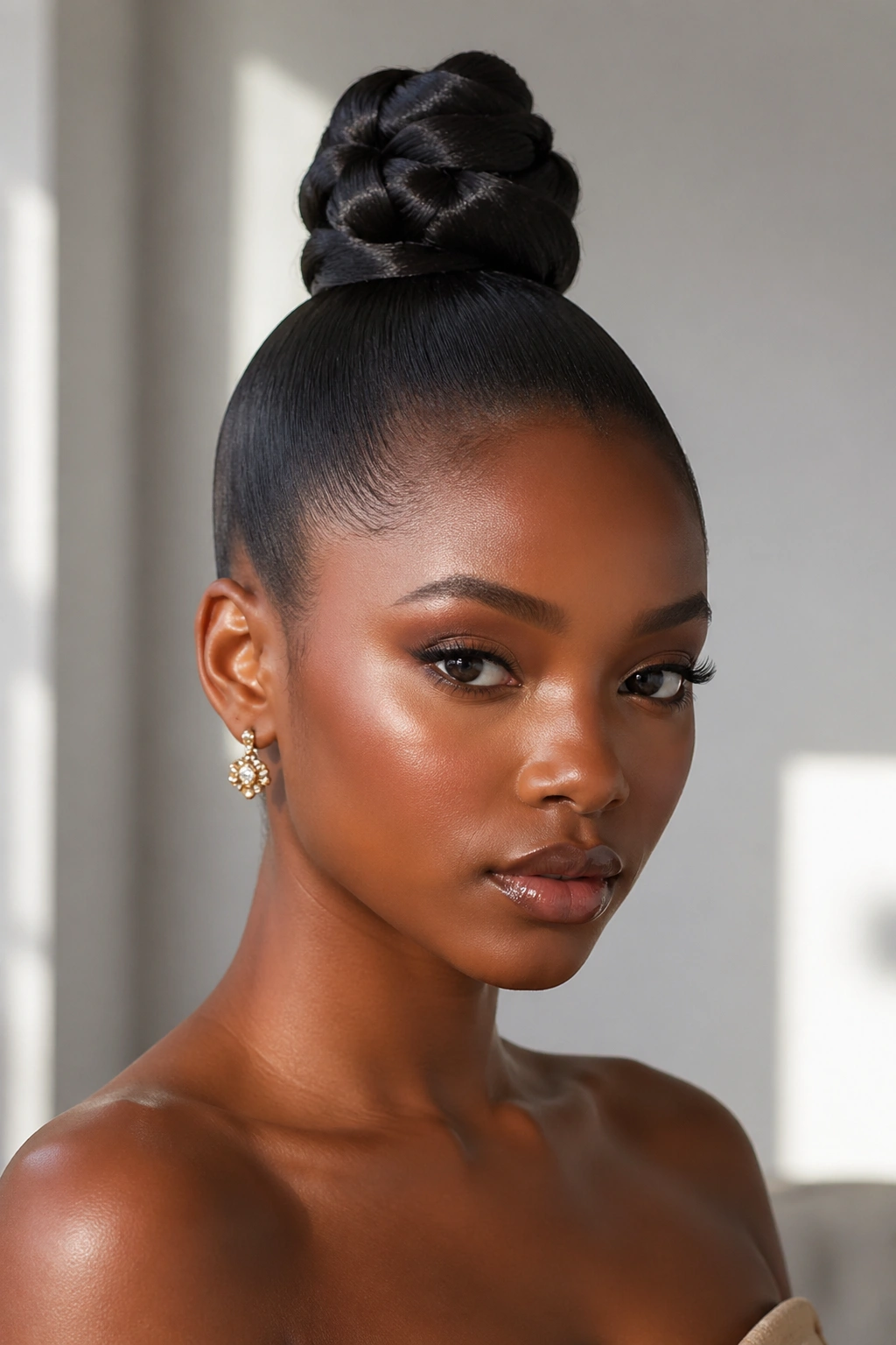 Portrait of a woman with a sleek updo knot at the top