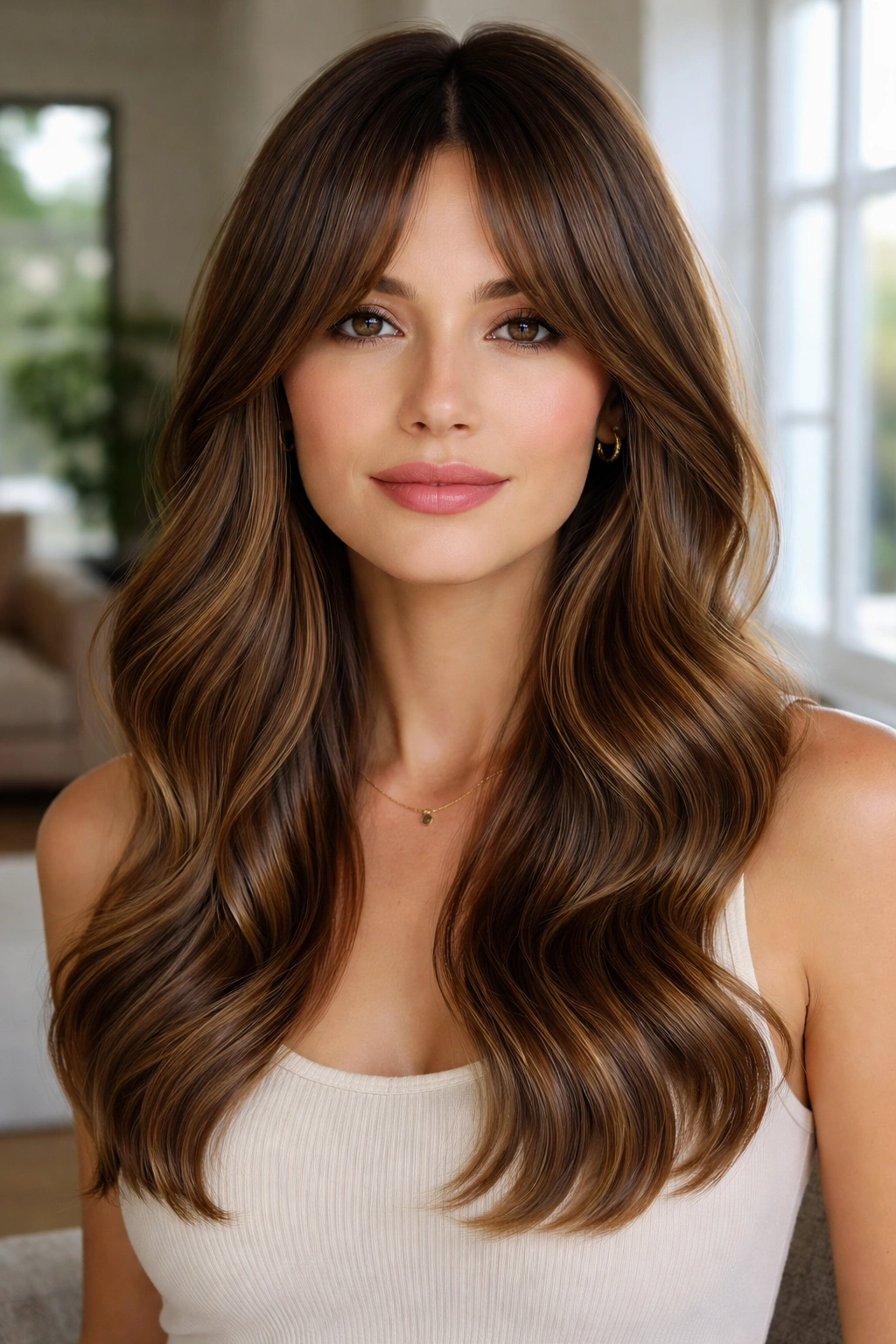Portrait of a real person with sleek wave curtain bangs in a bright modern room.