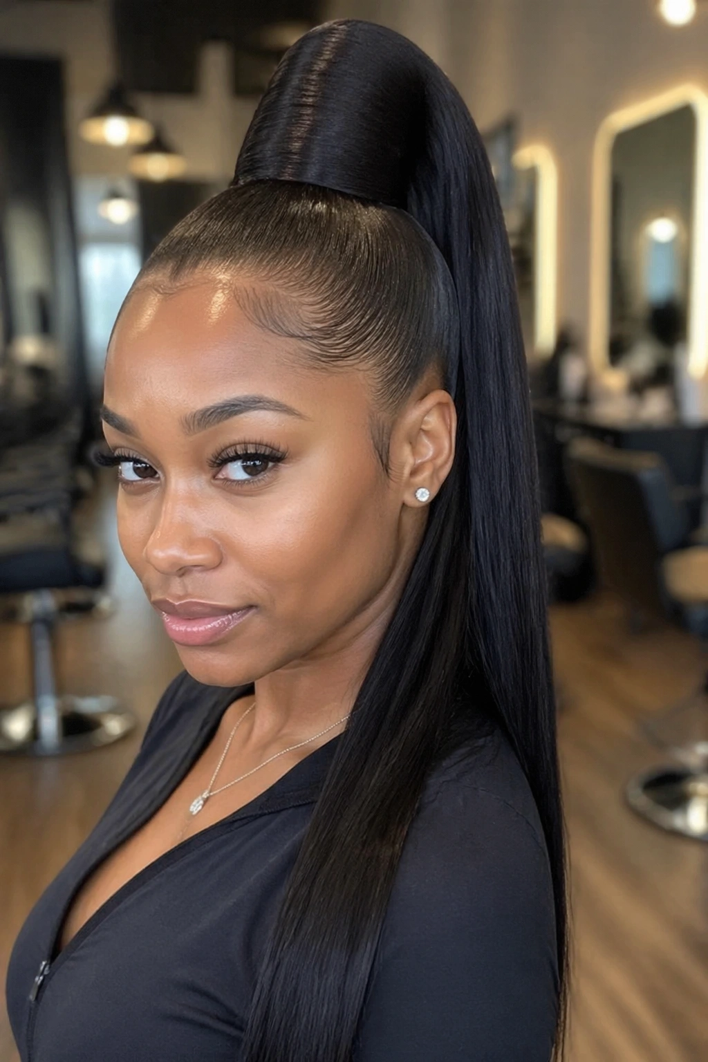 Close-up of a real woman wearing a Sleek High Weave Ponytail with crown lift