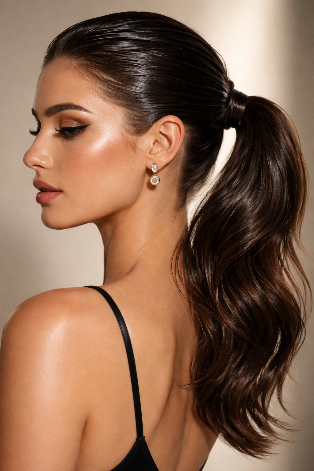 Close-up of sleek wet-look side pony with glossy roots