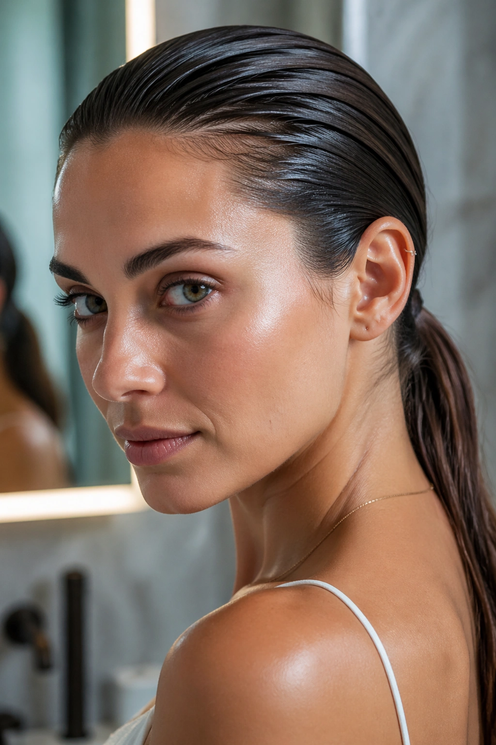 Real woman with a sleek, wet-look ponytail in a modern setting