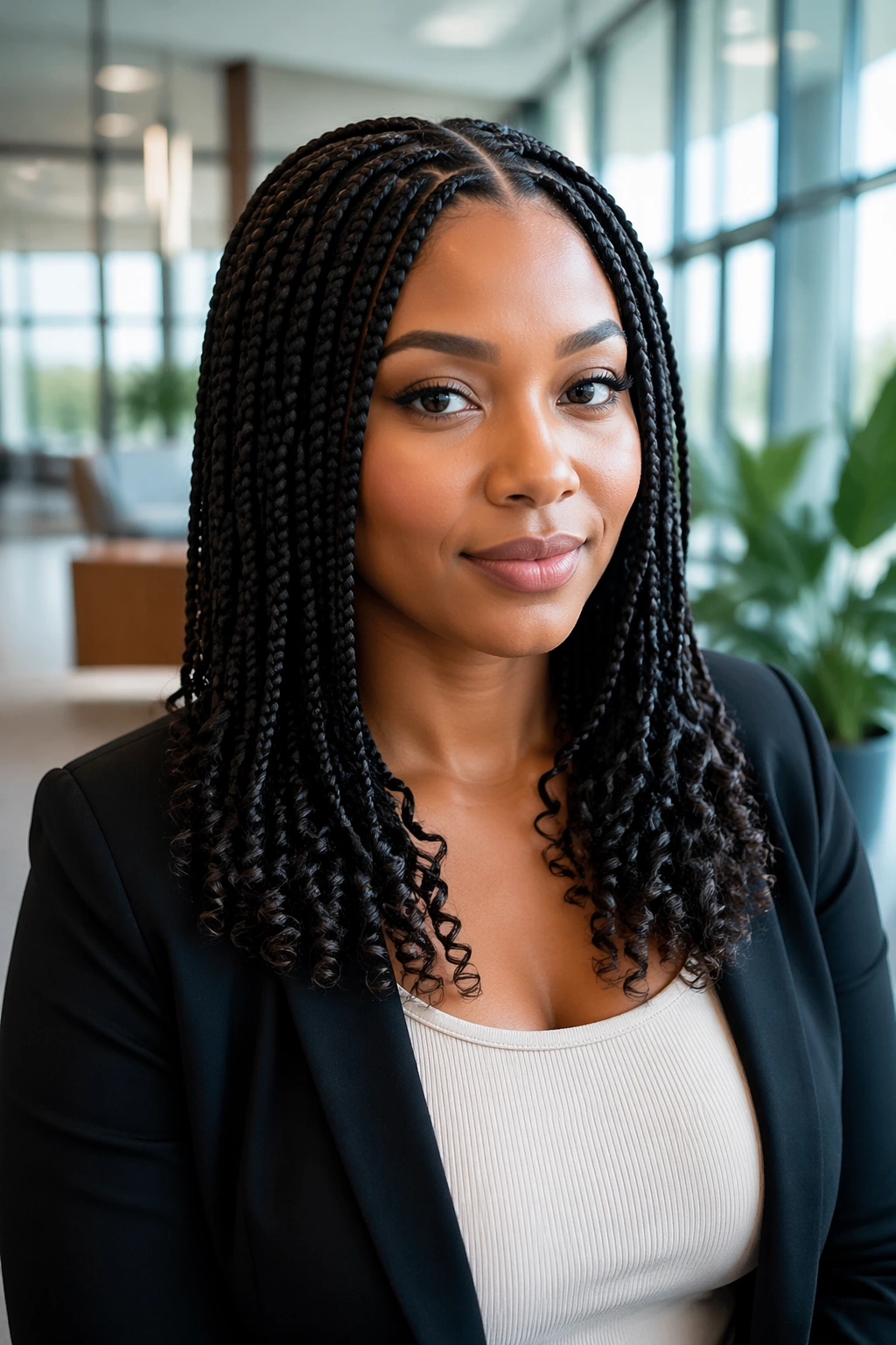 Close-up of a real woman with sleek box braids and curly ends in an office setting