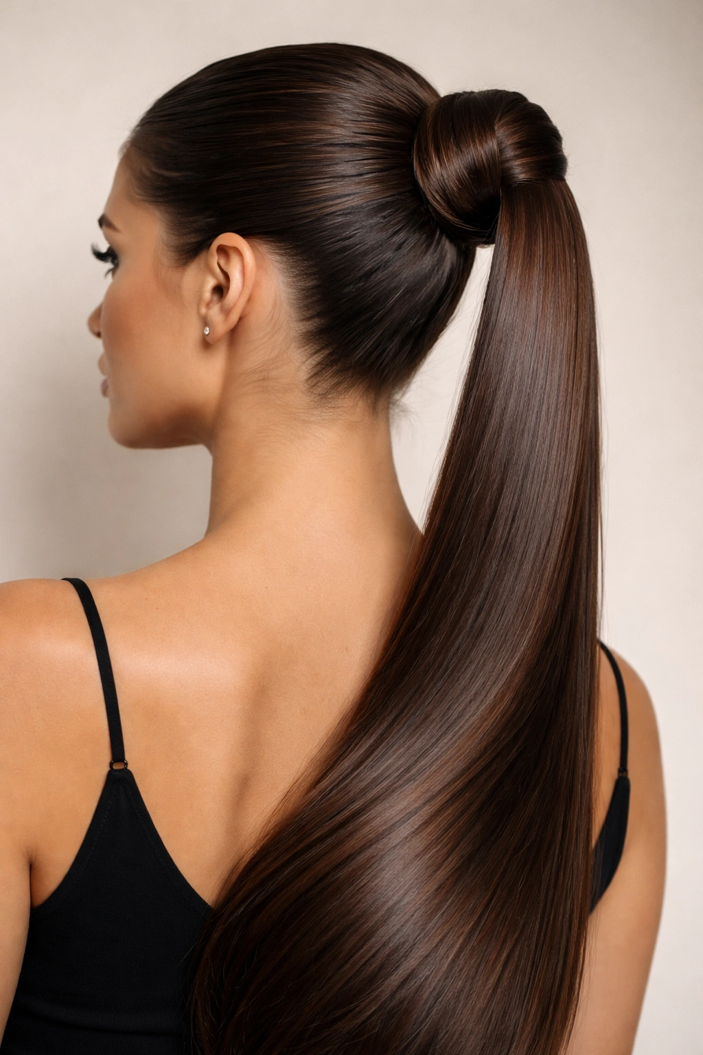Close-up of an ultra-long sleek bun created with color-matched hair extensions for seamless length