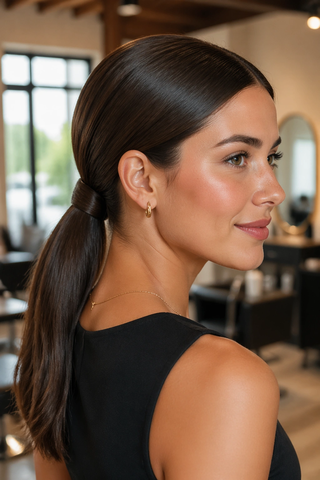 Close-up of a real woman with Sleek Wrapped Low Ponytail showing a hidden wrap at the nape