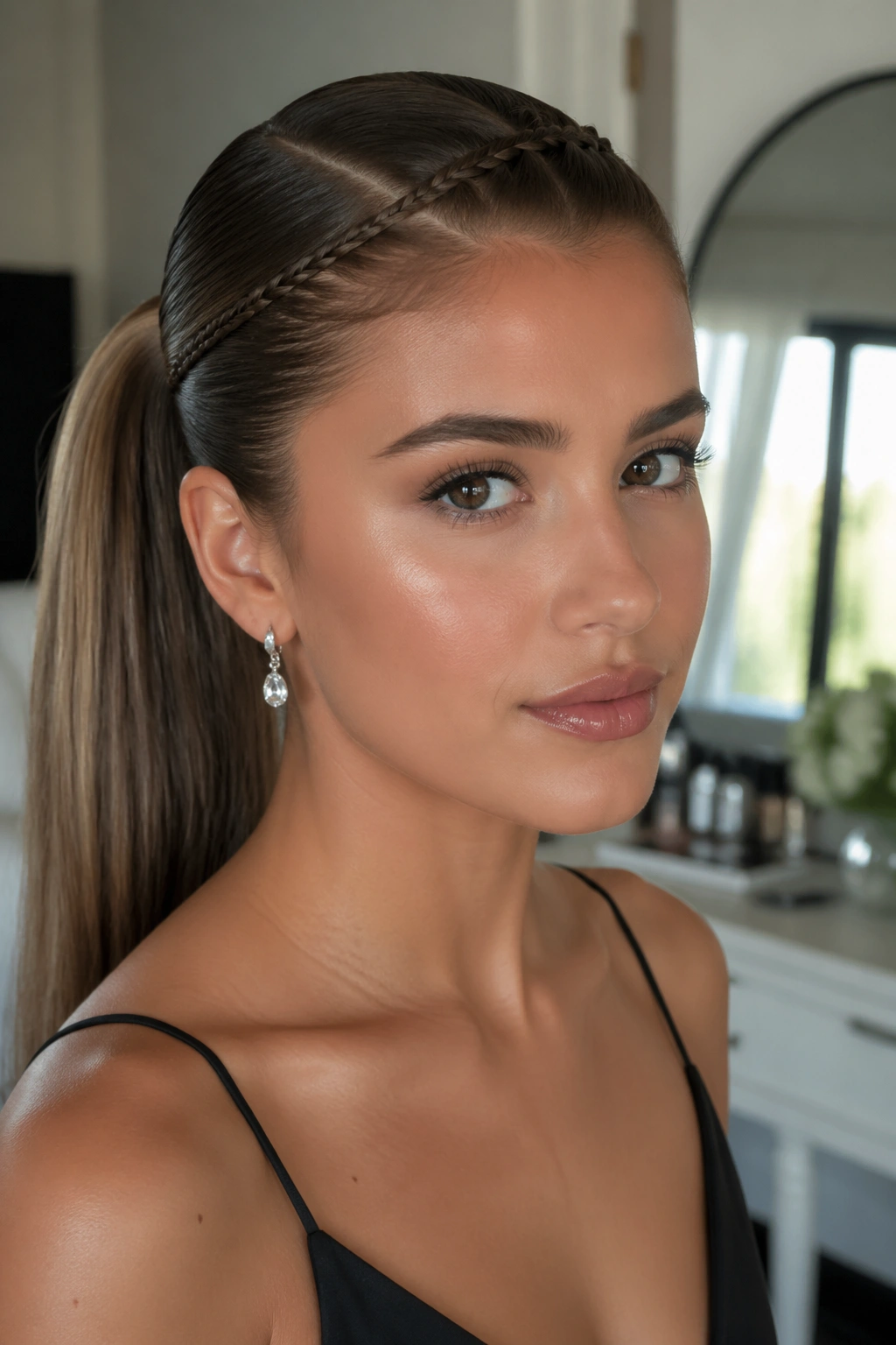 Close-up of real woman with sleek wrapped ponytail and tiny accent braid