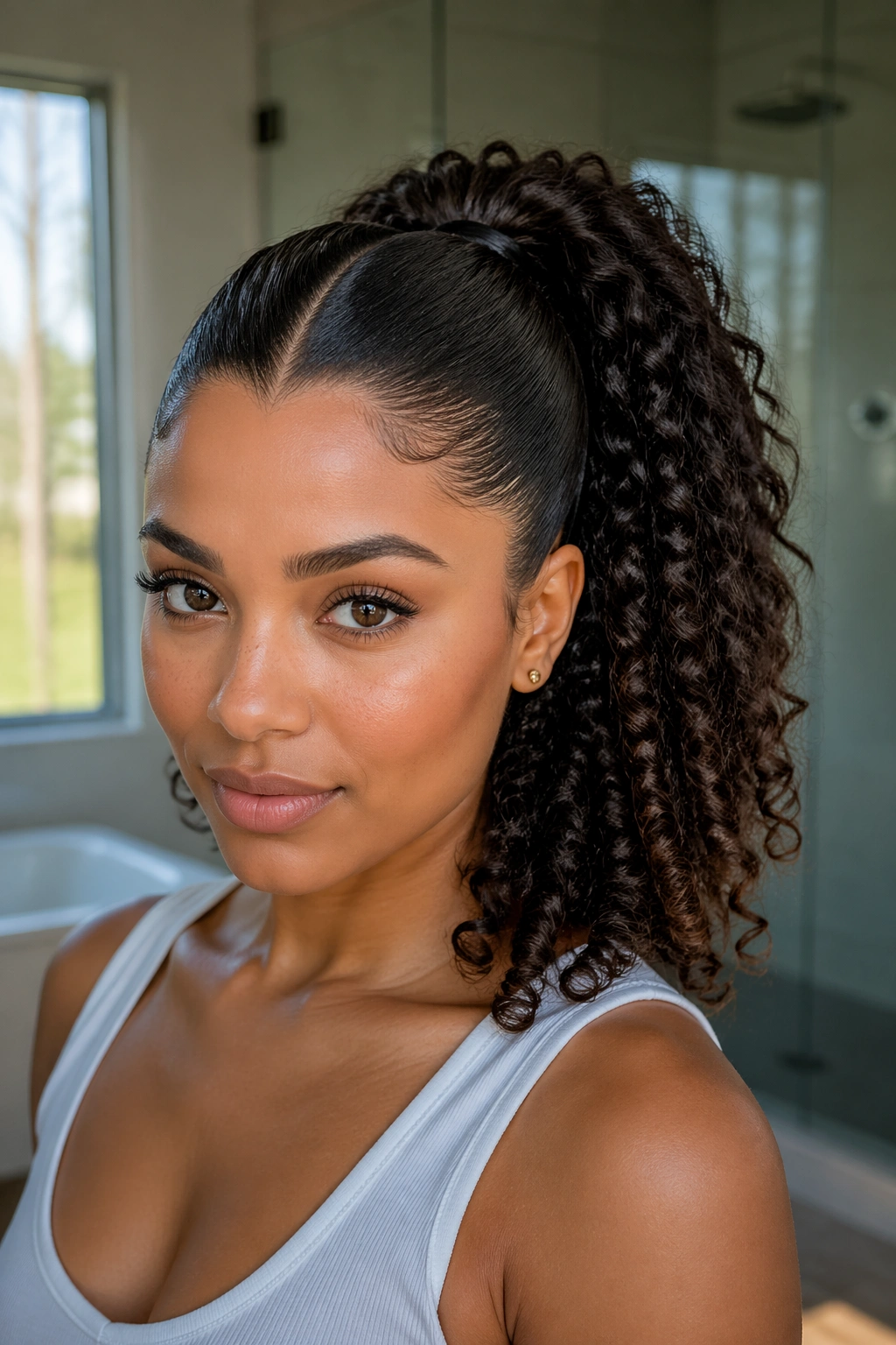 Close-up of a woman with Sleek-Top Curly-Ends V Part Ponytail showing polished top and curly ends