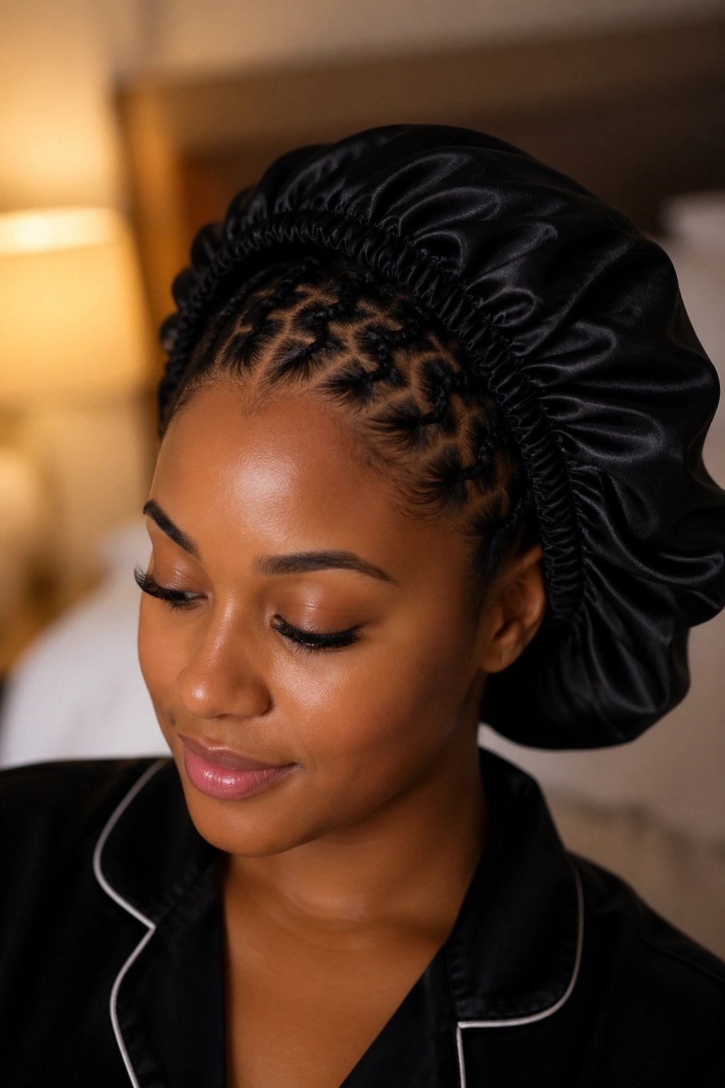 Real person wearing satin bonnet protecting zigzag patterns in bed
